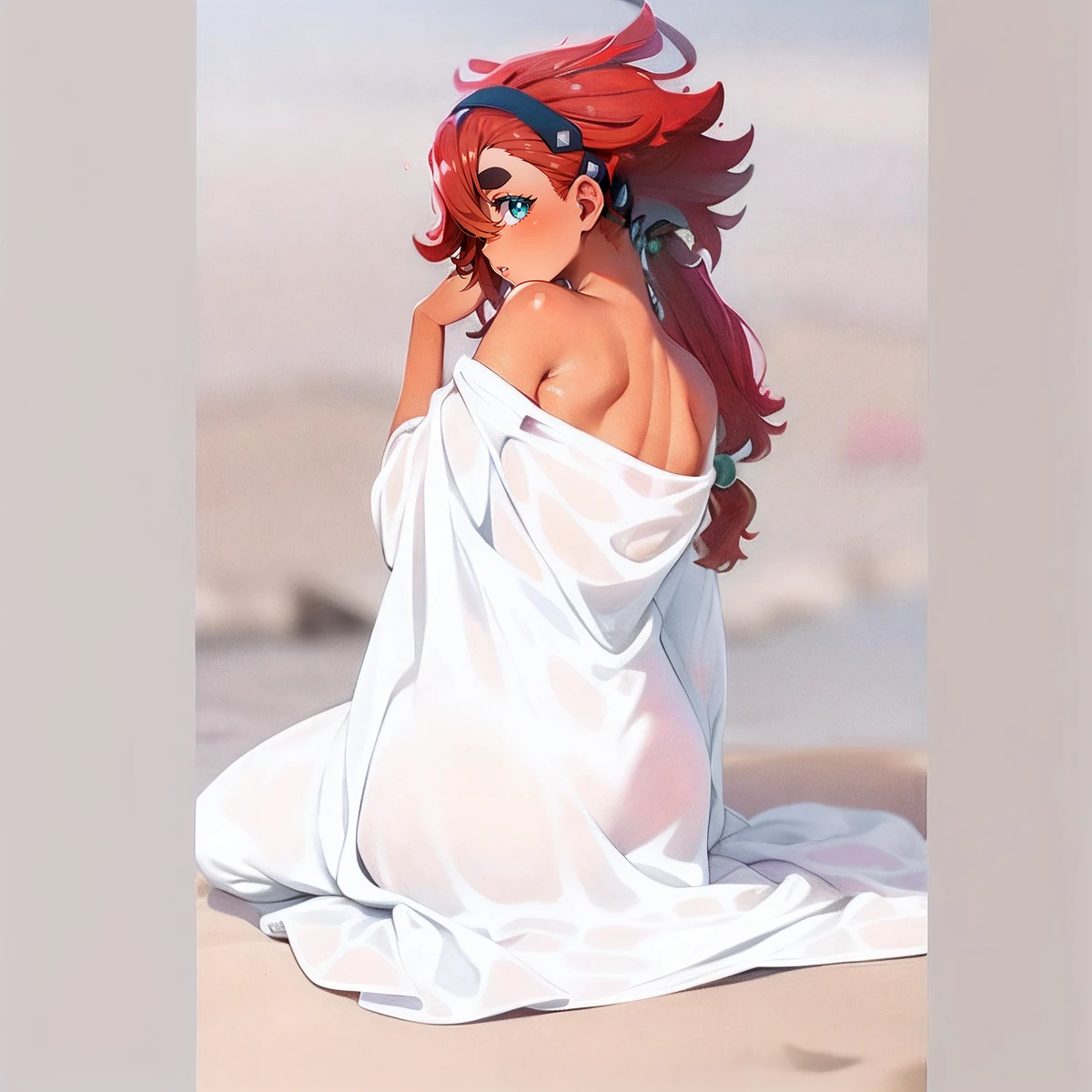mercury, 1girl in, student,
😐, aqua eyes, skin tanned, hair between eye, ((Long hair)), Red hair, hair messy, swept bangs, Thick eyebrows, drooping eyes,
She is on the beach in the evening.Sitting, wariza, She covers her naked body with a large white cloth.