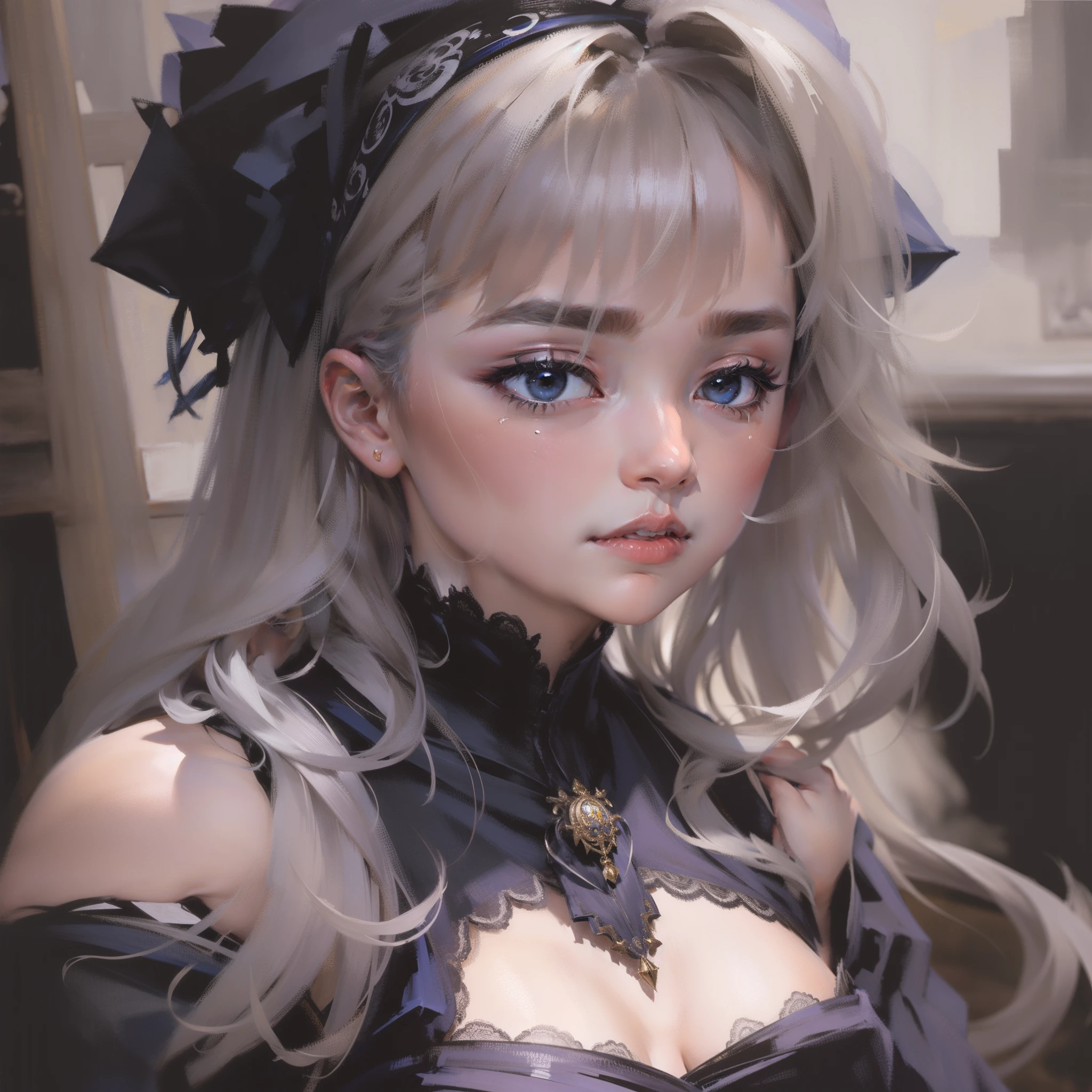 (Hyper-realistic) , (illustratio), (Increase the resolution), (8K), (extremely detaile), (Most Best Illustration), (美丽细致的眼睛), (best qualtiy), (ultra - detailed), (tmasterpiece), ( the wallpaper), (详细的脸), SOLO,1 Girl, looking at viewert, exquisite detailing, 详细的脸, in the darkness nigth, deep shading, low tune,pureerosfaceace_V1, long whitr hair，Black shawl straight hair，46 points oblique bangs，An expression full of despair and extreme fear，And cry loudly，Upper body focus，Face focus，teary，Wearing a uniform