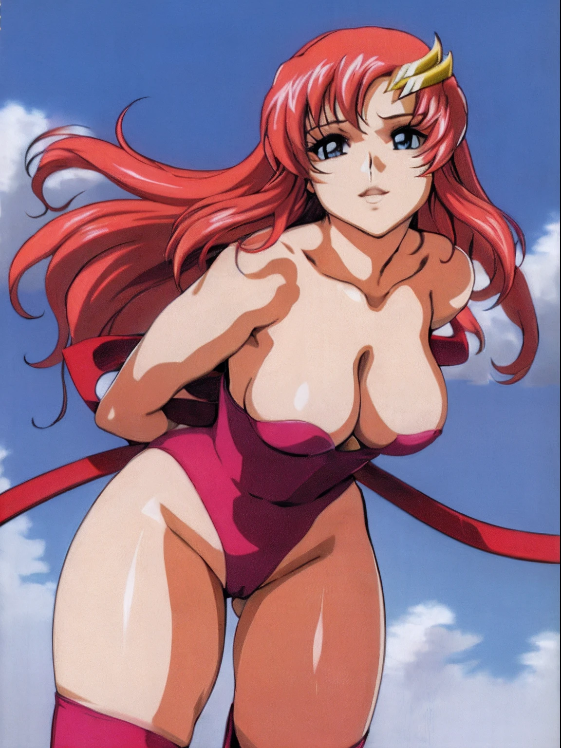 (masterpiece, 4K, Best Quality, Anime style: 1.9, bold drawing lines, High color saturation, Detailed face, tall, Adult Woman, lovely, (cloud background), Drawing lines, high resolution, Anime, lacus4), 1girl in, Solo, curvy figure, Long hair, 鎖骨, scapular, Wavy Hair, Detailed wide hair bangs, Hair Ornament, Detailed reddish-pink hair, cleavage, large hands, Big blue eyes, Smile, closed mouth, Very happy, ((closed fists)), (laughing, open mouth), ((medium breasts)), ((strapless wrestling leotard), (wrestling long boots), bare thighs, strong arms, biceps, rib lines, lip stick, ((lean forward)), legs, standing, (hands on knees)
