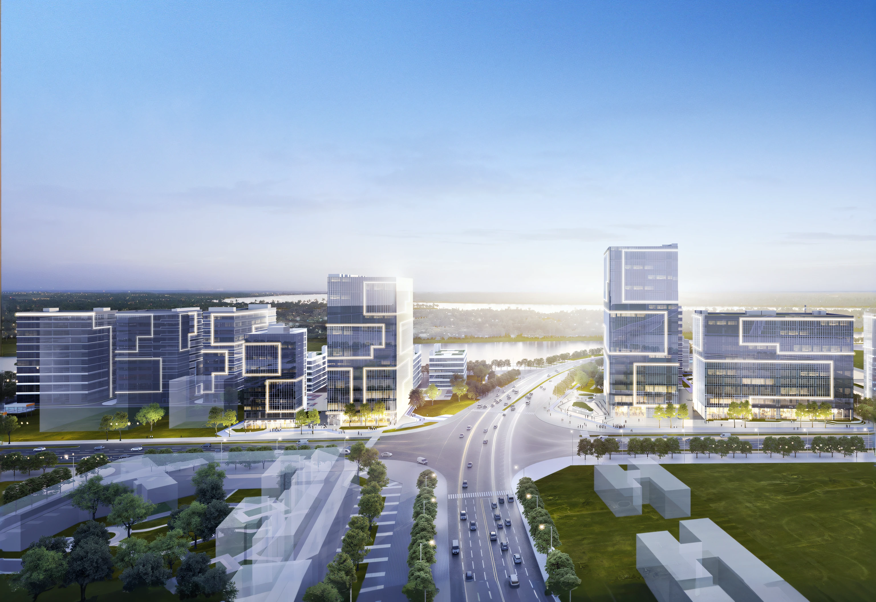 A city rendering,There are highways and expressways in the middle, sharp hq rendering, tech city in the background, conceptual rendering, artistation render, rendering, Spell rendering concept picture, rendering of checkmate, wide - shot, wide wide shot, photoreal render, A high resolution, City, a digital rendering, wide wide shot