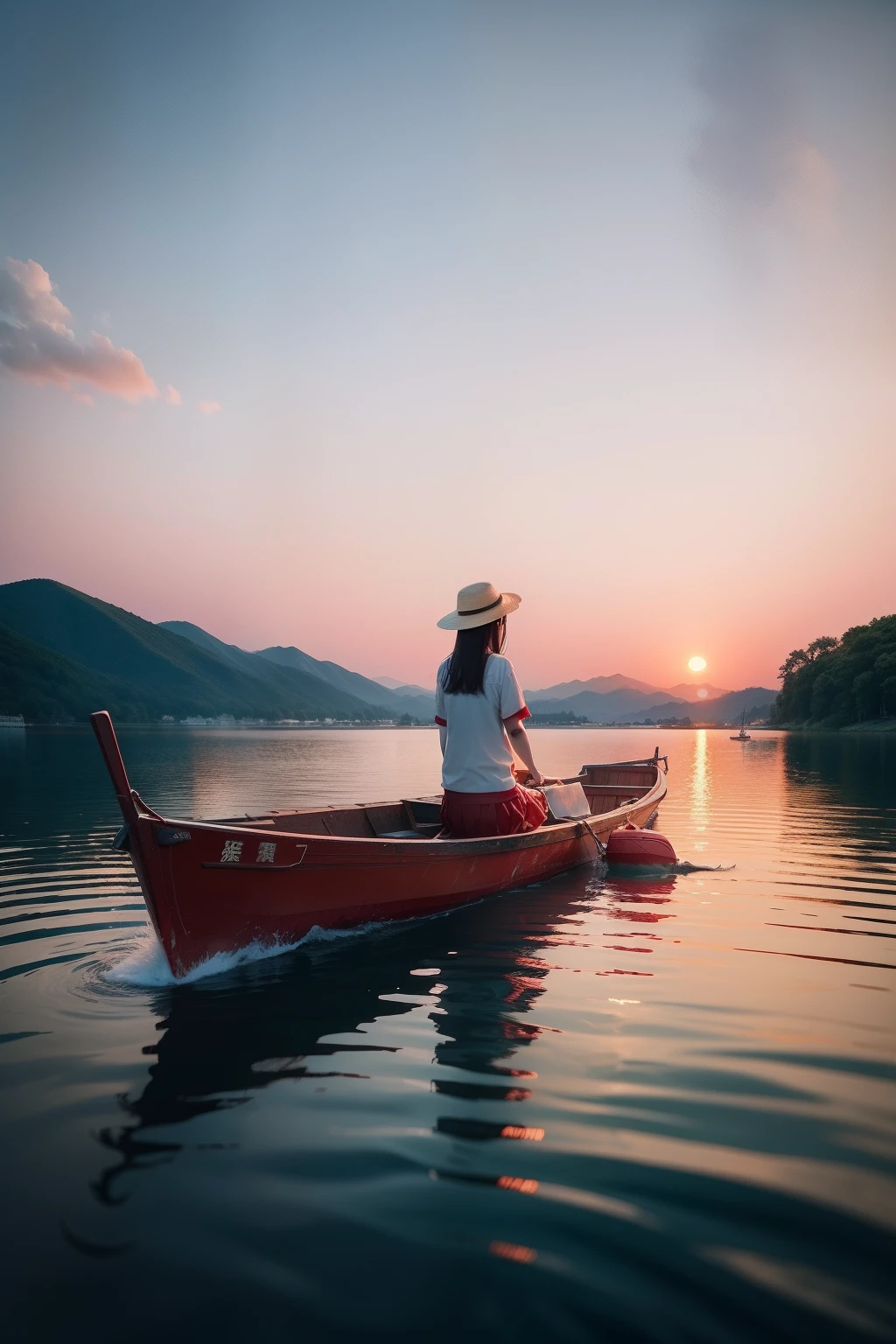 On a red boat floating on the lake20Men and women of teenage are on board。Swan2Feather swimming。at the sunset。