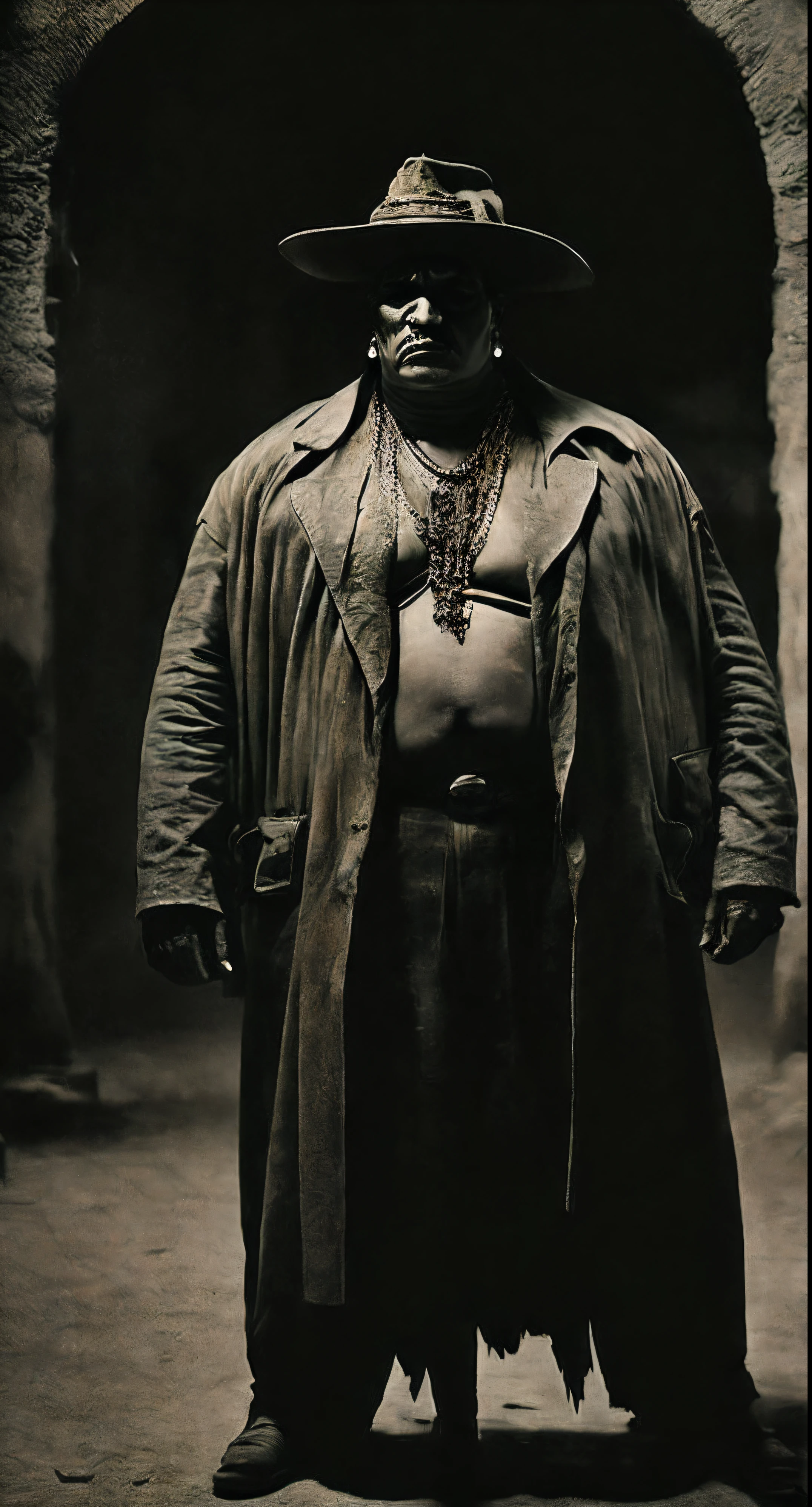 An eerie image of a Super gangster Cholo standing in the shadows, his face partially illuminated by the flickering light of a nearby streetlamp. The camera is positioned low, giving the Super gangster Cholo a looming and menacing presence. The image is rendered in a desaturated color palette, adding to the overall sense of decay and decay in a Aztec City. Art by Bill Sienkiewicz and Photography by Diane Arbus using a Hasselblad X1D II, focal length of 90mm, an aperture of f/2.8 and ISO 800. ((Sinister)), ((Mysterious)), ((Dark and Gritty)), ((Desaturated:1.1)), ((Menacing)), ((Atmospheric)), ((Realistic)).