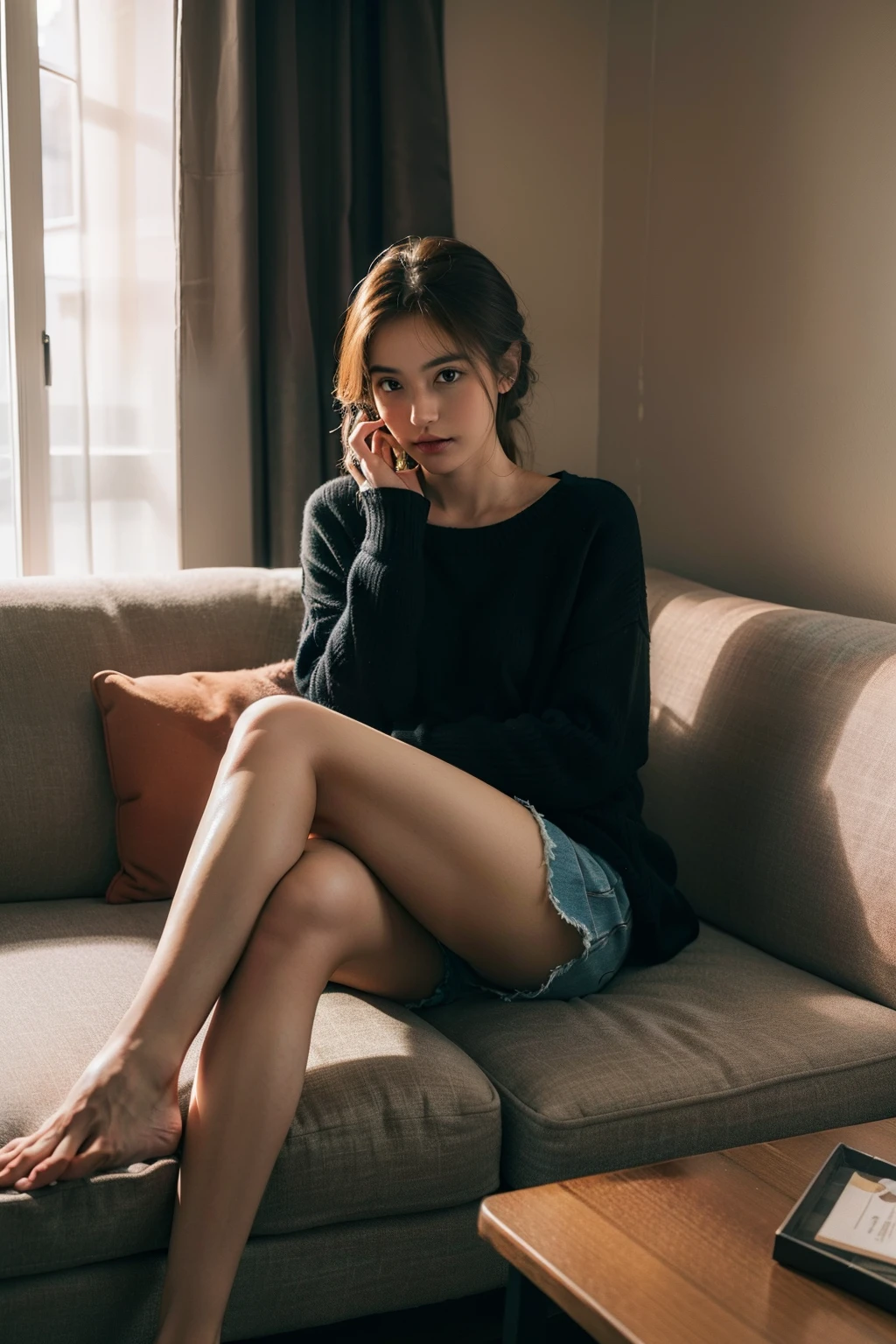 1fille,sitting on a comfortable sofa,croiser les jambes,Soft light