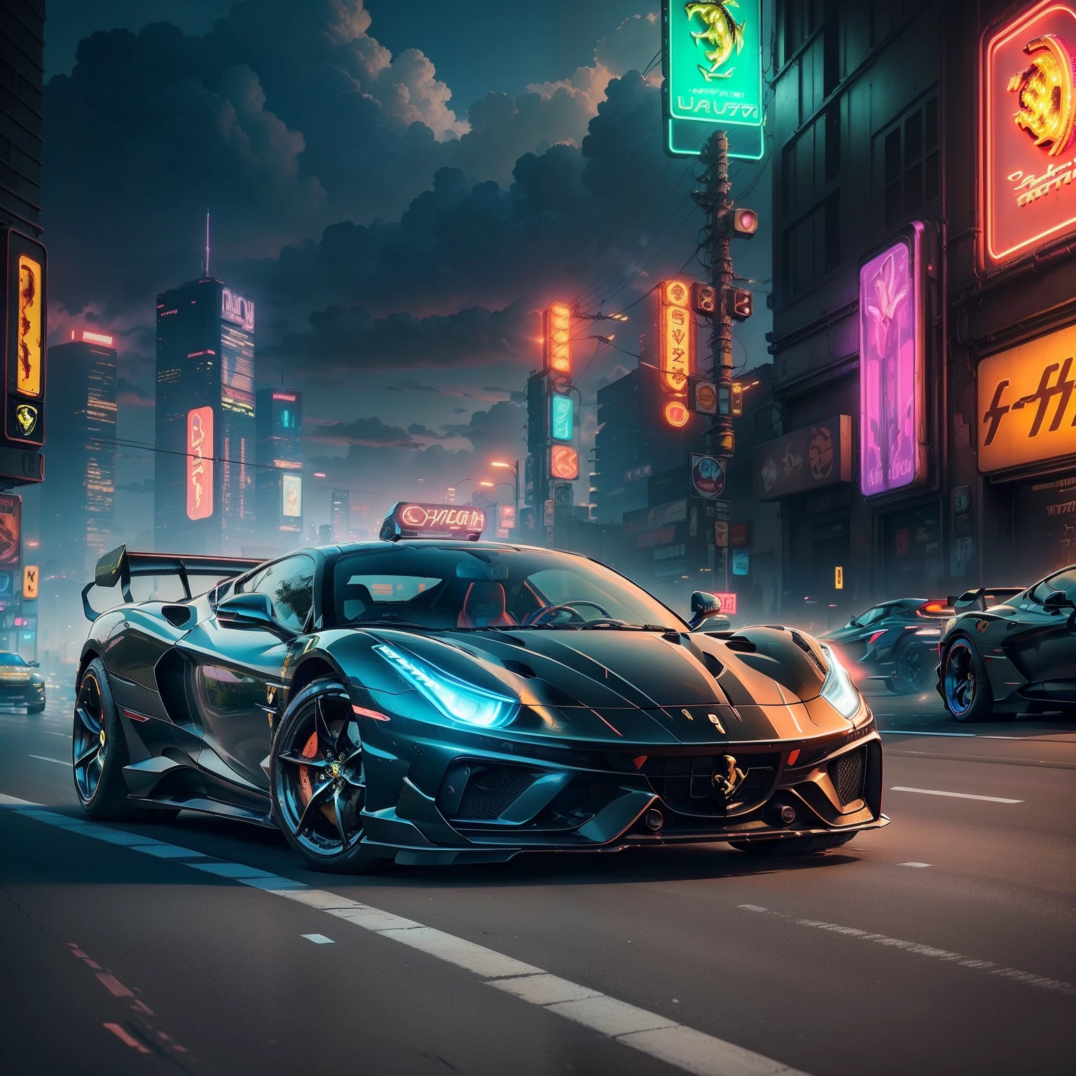 best quality, masterpiece, detailed background, highly detailed, intricate, cyberpunk city, road, cyberpunk, sunny, day, clouds, skyscraper, futuristic, science fiction, car focus, cool car, (cyberpunk car, futuristic car:1.2), (neon car, neon wheels, neon lights:1.4), (black ferrari:1.3), (red lights), (future car), (car front view:1.2)