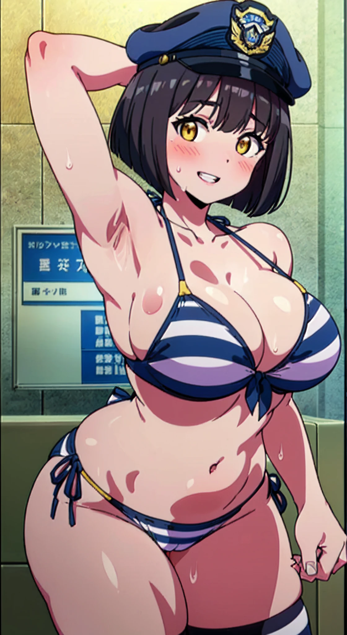 (Perfect body),Best Quality,(8K Portrait),(anime screen cap)、((Police Woman)),Police Hat、blush,Sweat,((large udder))、(Dark hair),((bob cuts))、Yellow eyes,(thick thighs),((((Navy blue striped bikini))))、White knee socks、adult woman、((A smile))、Cowboy Shot、showing teeth、(((Hands behind the head)))、((Armpits))、((Leaning forward))、