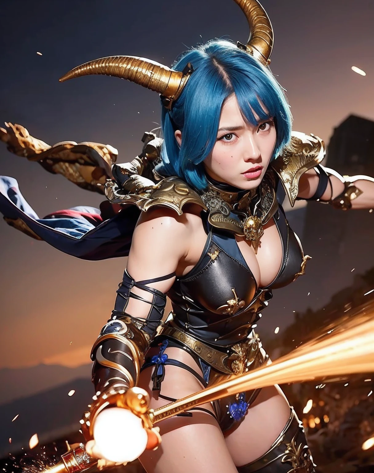 Professional , ​masterpiece、top-quality、photos realistic , depth of fields 、（Gemstone Blue Metal Body:1.２),(Matte Blue Black、（）、gold patterns、Wind-effect、Light Effects、Wind-effect、(Micro Bikini Armor)、（cleavage of the breast）、Dragon Gold Weapon（Dragon Metal Body:1.４),Gorgeous gold weapons ,（Particles of light）、 ,Fight legions of soldiers in skeleton armor ,（fierce look）、Mystical expression、-yeld beiful girl、（（ Dragon's dense and gorgeous sword）） , Ultimate Beauty   、（（Blue hair））、（Castle background）、Fight dragons、Fight with weapons、（（Gangle's forest background））、Beautiful Caucasian beauty、（１a person）、dynamic ungle,(((Details of the two demon horns on the head)))、Smaller head、A smile、Castle background、Thin and beautiful female hands、cleavage of the breast、Soldier in iron armor on background、Mystical expression、Light Effects、Wind-effect、magic circles、With the legendary magic wand、（demonic wings）、（Blue hair）、（1 persons）、Battle Look、Anatomically correct body、Toostock、Toostock、knee、Fight soldiers with skeleton armor ,