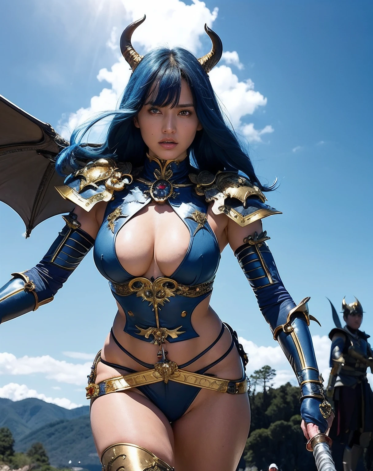 Professional , masterpiece、top-quality、photos realistic , depth of fields 、(Gemstone Blue Metal Body:1.2),(Matte Blue Black、()、gold patterns、Wind-effect、Light Effects、Wind-effect、(Micro Bikini Armor)、(cleavage of the breast)、Dragon Gold Weapon(Dragon Metal Body:1.4),Gorgeous gold weapons ,(Particles of light)、 ,Fight legions of soldiers in skeleton armor ,(fierce look)、Mystical expression、16-year-old beautiful girl、(( Dragon's dense and gorgeous sword)) , Ultimate Beauty 、((Blue hair))、(Castle background)、Fight dragons、Fight with weapons、((Gangle's forest background))、Beautiful Caucasian beauty、(1a person)、dynamic ungle,(((Details of the two demon horns on the head)))、Smaller head、A smile、Castle background、Thin and beautiful female hands、cleavage of the breast、Soldier in iron armor on background、Mystical expression、Light Effects、Wind-effect、magic circles、With the legendary magic wand、(demonic wings)、(Blue hair)、(1 persons)、Battle Look、Anatomically correct body、Toostock、Toostock、knee、Fight soldiers with skeleton armor ,