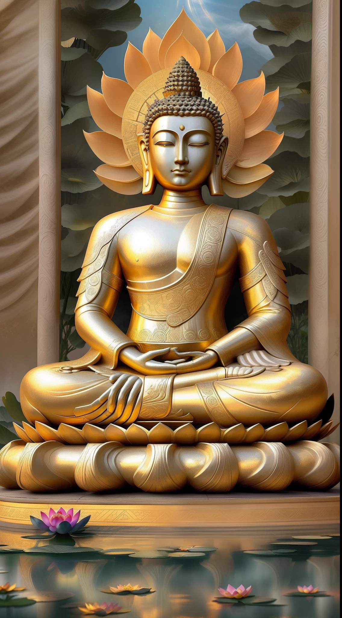 Western Elysium,The tall Buddha statue sits on a lotus throne,His face was solemn and calm,A ray of Tyndall light shone overhead,The body emits a golden glow,Colorful light fills the sky,The lotus flower shines gold,Peace and tranquility atmosphere,Exquisite and shocking scenes,Fantasy scenes,Overlooking the world