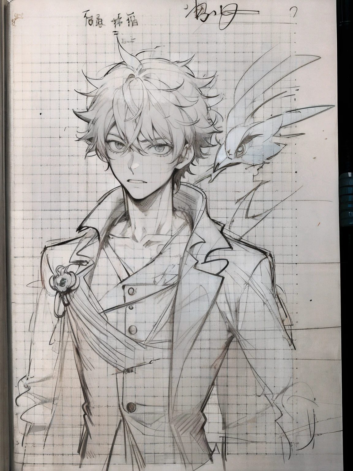 Sketch of a man with a bird on his head, Line sketch!!, inspirado em Okumura Masanobu, inspired by Okumura Togyu, anime sketch, author：Okumura Toju, ( ( concept art of character ) ), kentaro miura manga art style, author：Uesaka Seka, highly detailed exquisite fanart, Line sketch