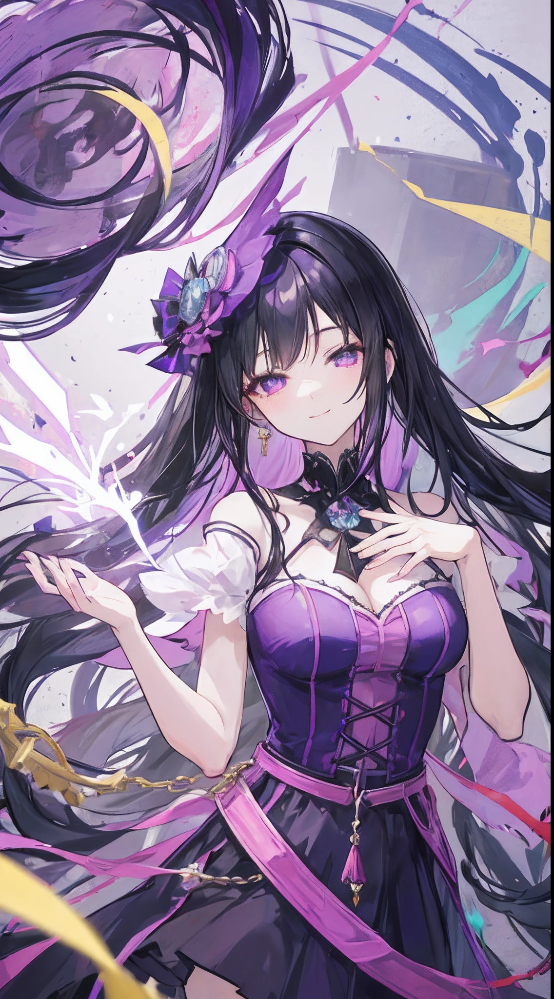 anime girl with black hair and a purple dress holding a purple object, both of her eyes were closed, she smiled beautifully and charmingly make it like tarot card anime-style but no frame