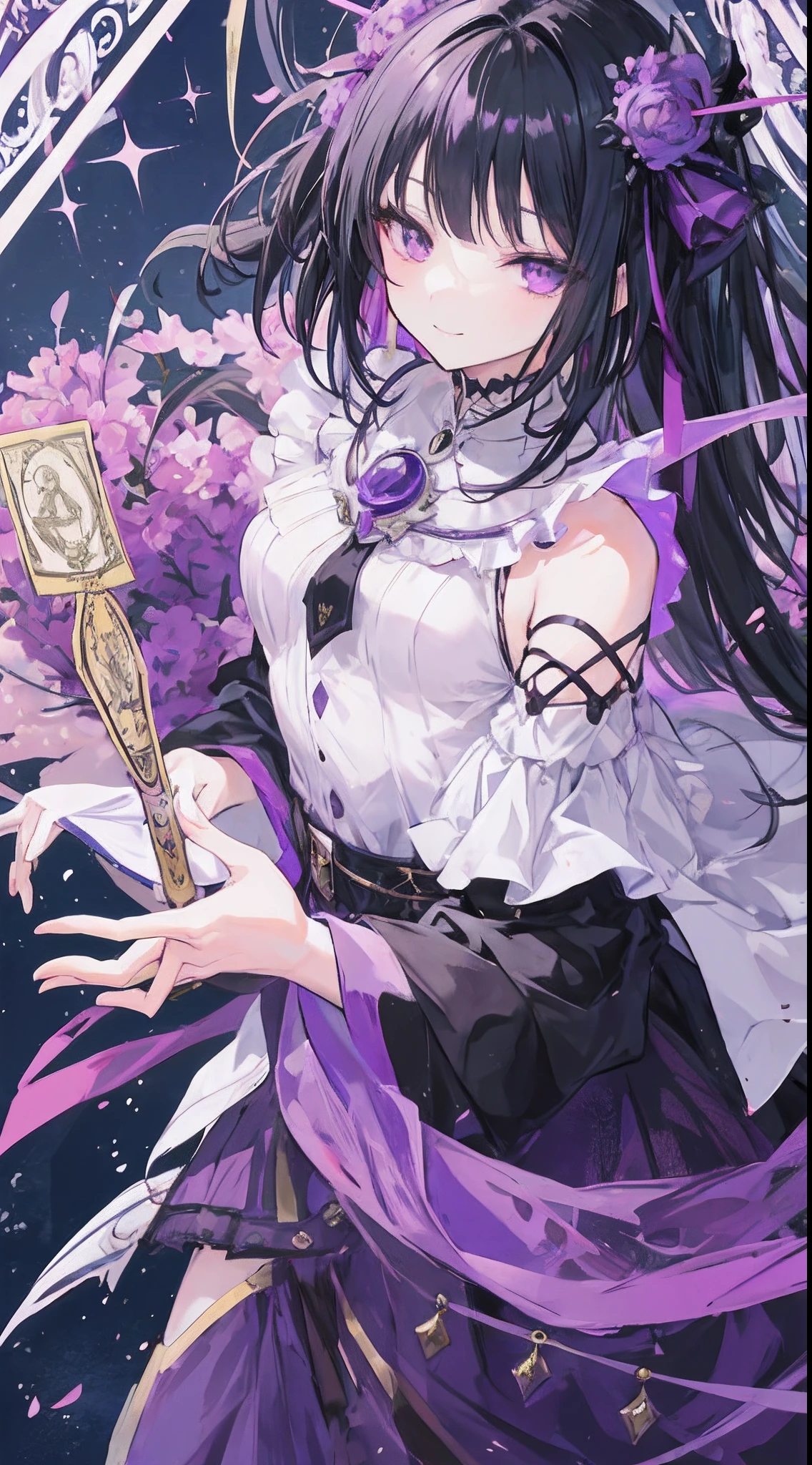 anime girl with black hair and a purple dress holding a purple object, both of her eyes were closed, she smiled beautifully and charmingly make it like tarot card anime-style but no frame