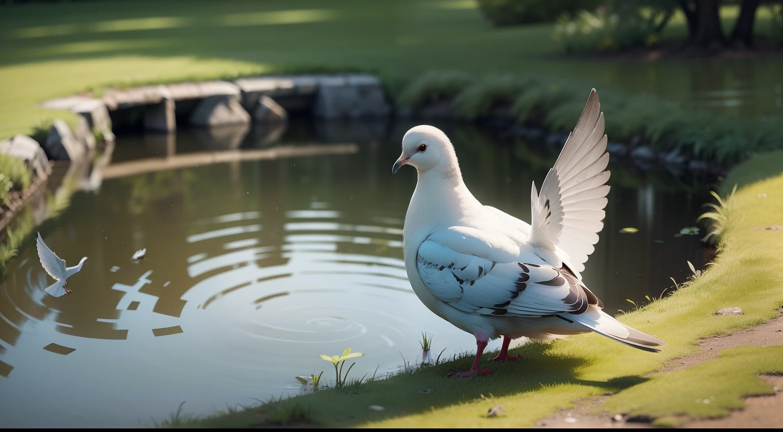 /imagine- a Dove,out side a pond, grassy pond,