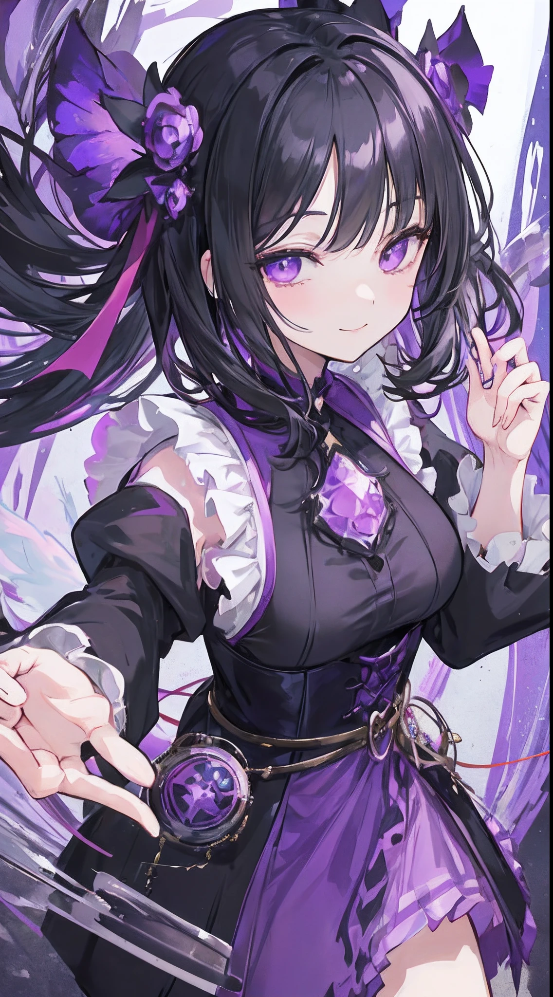 anime girl with black hair and a purple dress holding a purple object, both of her eyes were closed, she smiled beautifully and charmingly make it like tarot card anime-style but no frame