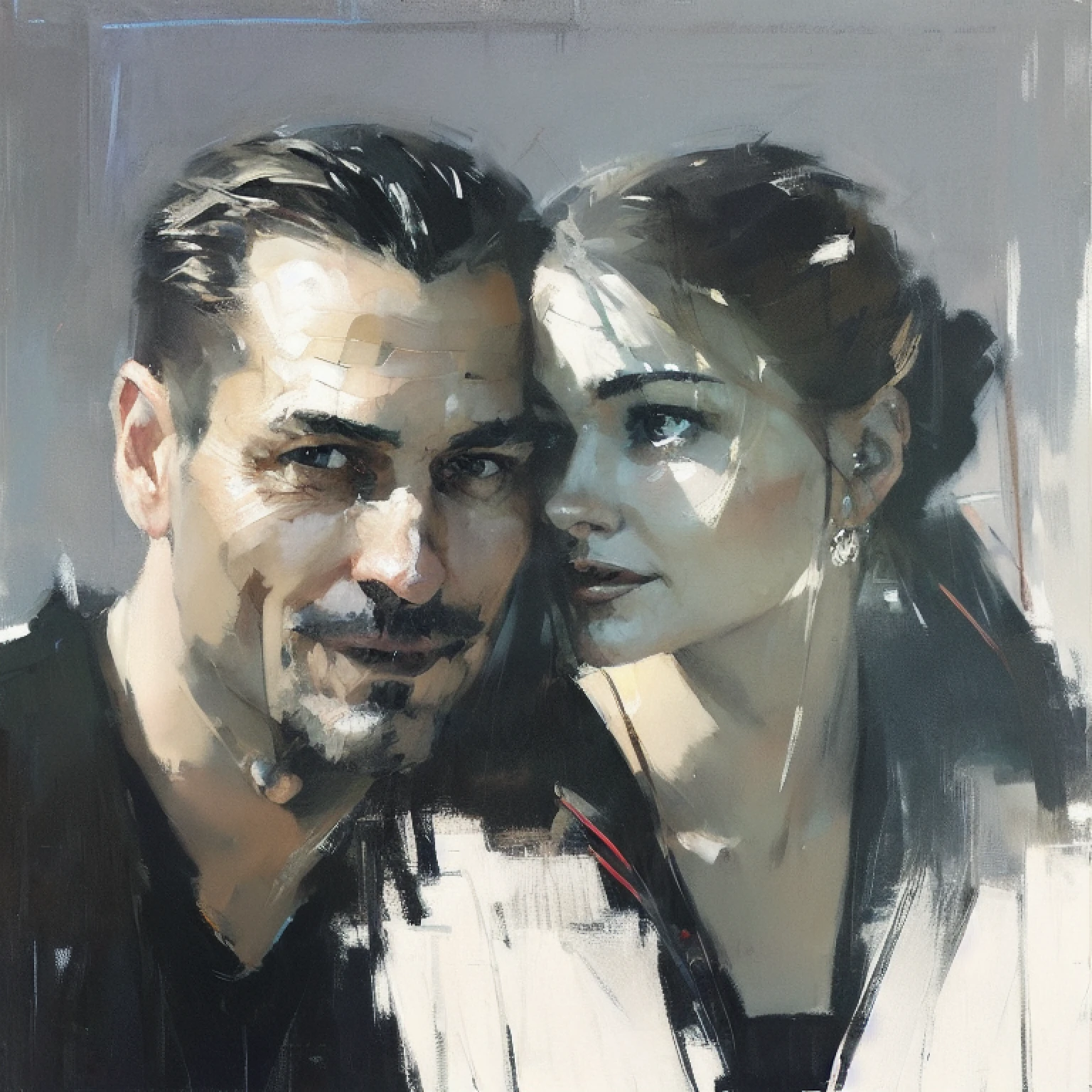 oil illustration by artist (Jeremy Mann:0.8) and Edwin Georgi, man (smirk:1.2) and (1girl) facing each other, t-shirt, dress, tension, danger, fence, dusk country field americana, (cinematic composition, distant, low angle), highly detailed, masterpiece, high quality, intricate, professional, award-winning, highest quality, polished
