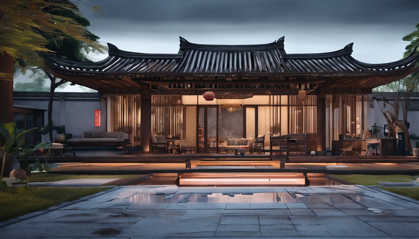 Chinese style residence, There are a lot of glass and wood walls, lawns, 8K, Ultra-realistic, prime time