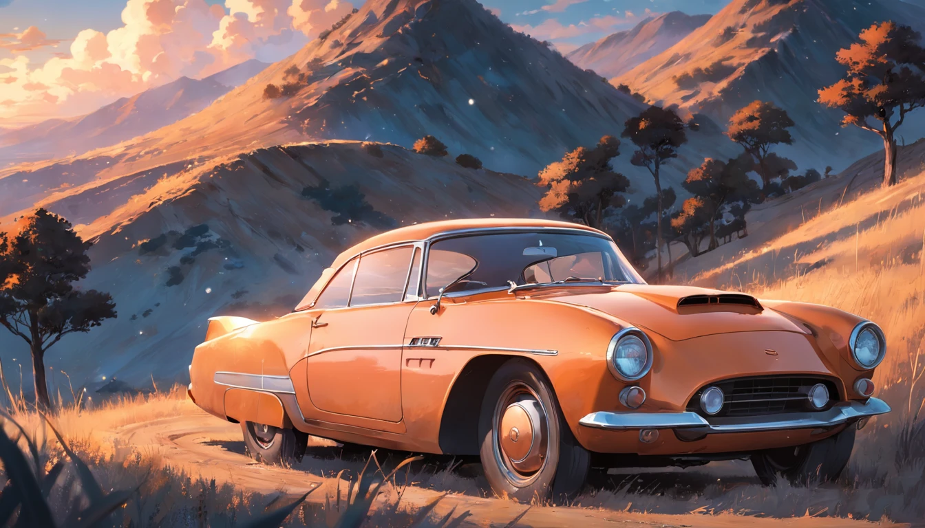 Create a compelling story that revolves around an old sports car parked on a rolling hill, Old Car, Weathered by time, Looking up at the starry sky. Interweave the surrounding landscape in detail, Pine aroma, antique car, And calm deserts, exposure blend, medium shot, Bokeh, (nffsw:1.4), High contrast, (Cinematic, Orange and white film), (Muted colors, dim colors, Soothing tones:1.3),
Low saturation, (hyperdetails:1.2), (Noir:0.4).