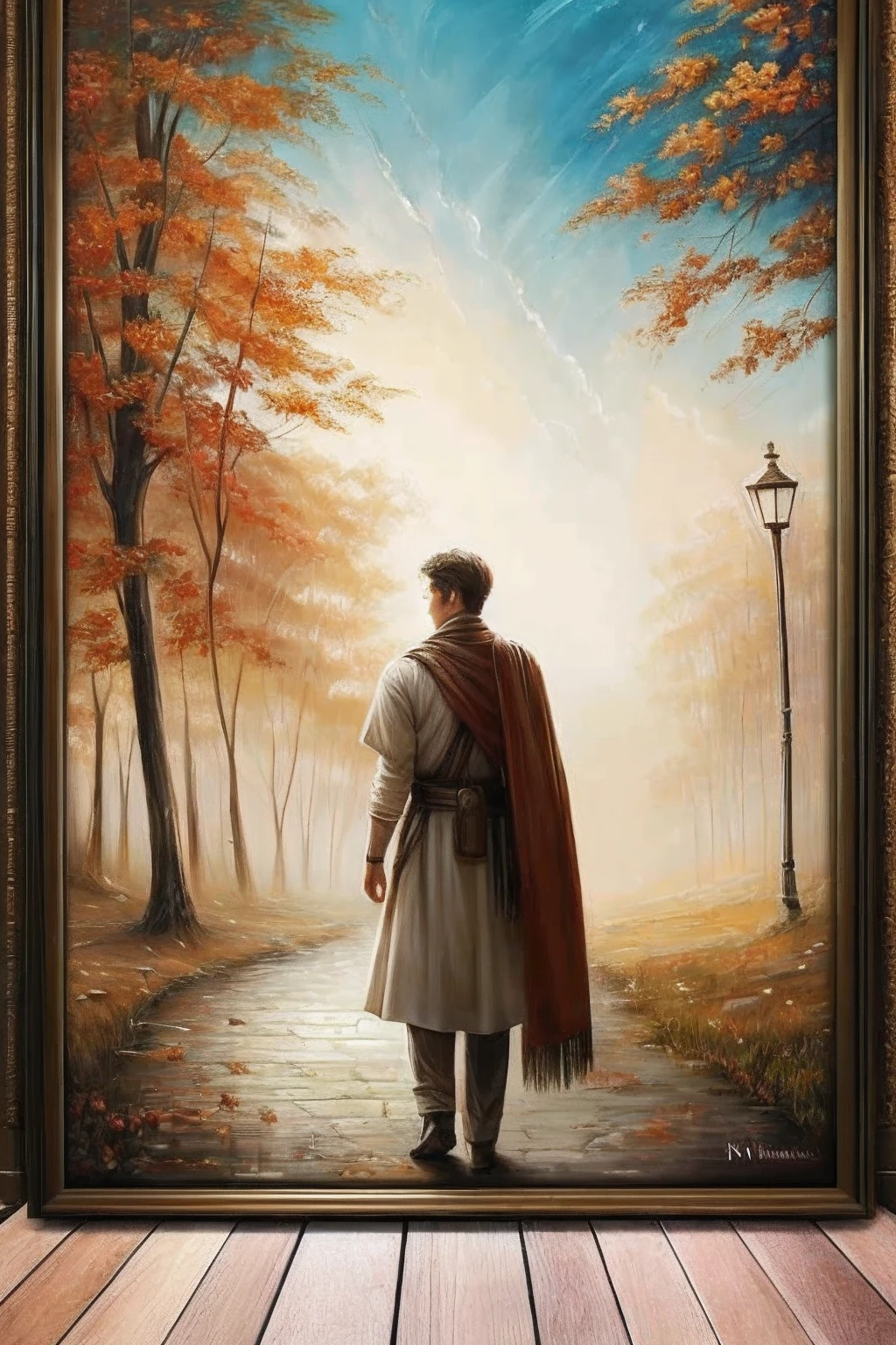 white skin, cinematic angle, creepy nimrod, is fused lovely with painful with reassuring atmosphere, feeling of sadness, total war of sense of pathos background detail, faded street corner poster, beloved person closed in spring fog, hair swaying in the wind, demon of war, blowing wild, those who say goodbye to their loved ones and depart, (associate art is painted in oil on canvas art:1.3),