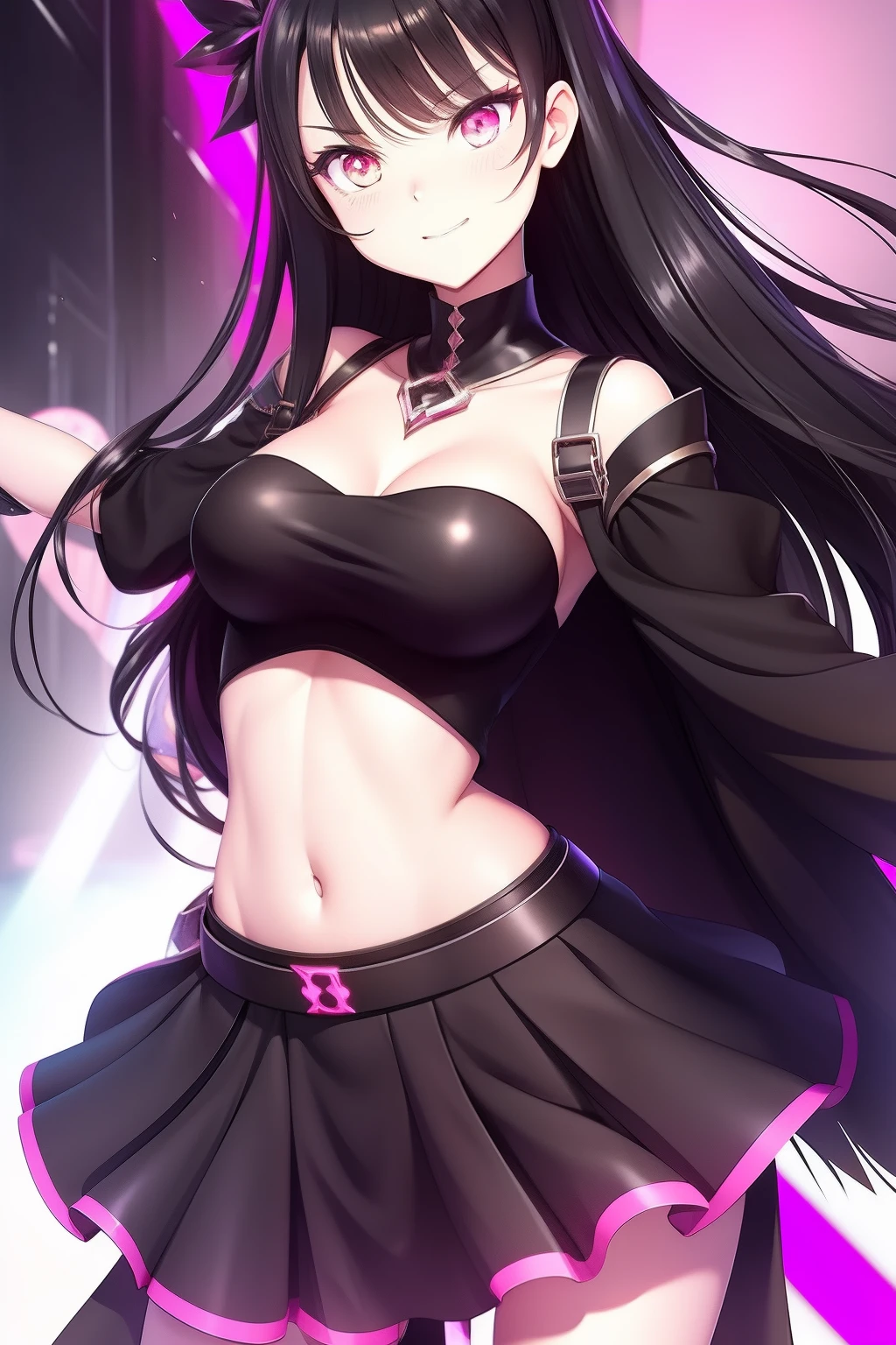 gothgirl, Long black hair, black crop top,Pink skirt,Black CPTPN leggings, cheerfulness, Dancing, Beautiful anime style girl all over, clean detailed faces, underdressing, analogous colors, Glowing shadow, beautiful gradation, Depth of field, Clean image, High quality, High detail, High definition, Luminous Studio graphics engine, Cute face, big breast, Slim waist, nice hip,