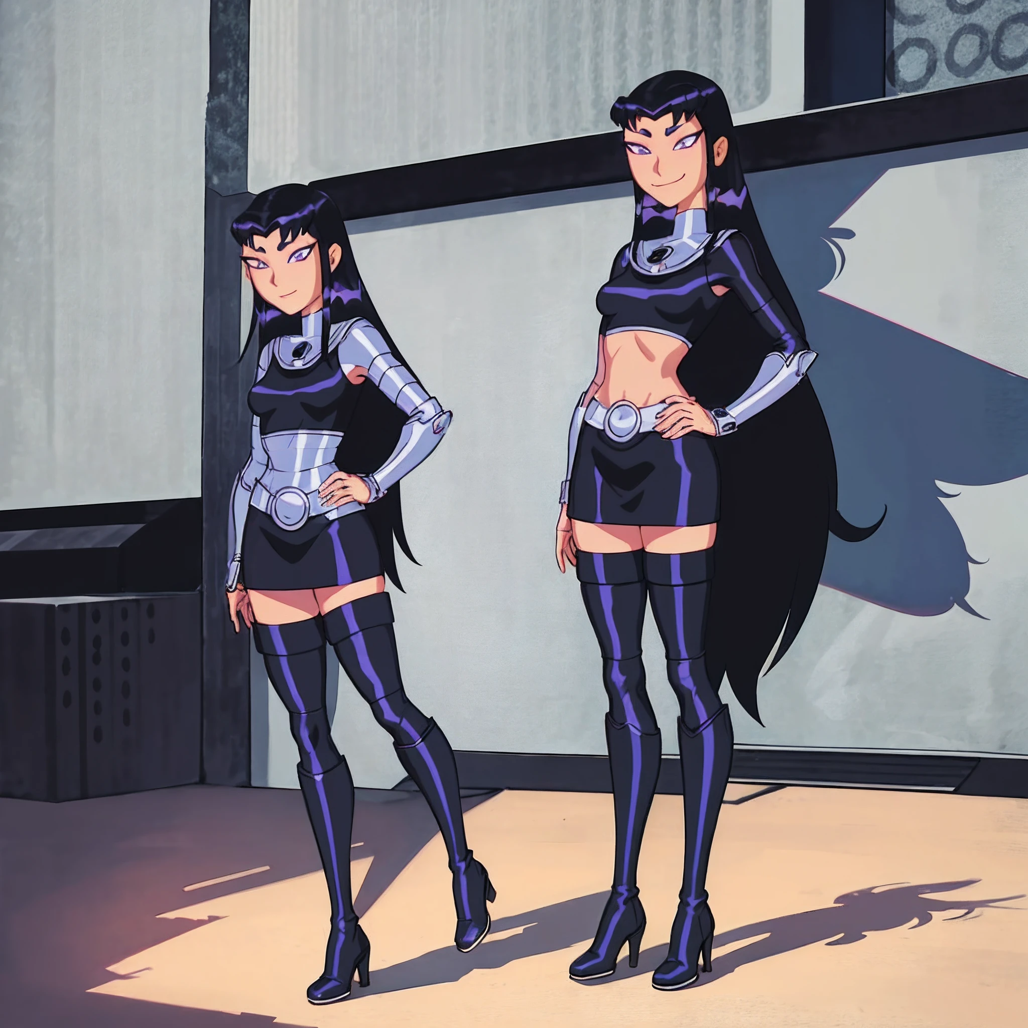 masterpiece, best quality, 1girl, perfect eyes, intricate details, perfect eyes, blackfire, cartoon style, armor, black skirt, black boots, full body, beautiful eyes, miniskirt, black leggings,standing up in a tree, looking down at viewer, POV, smile, full body suit, panthyhose