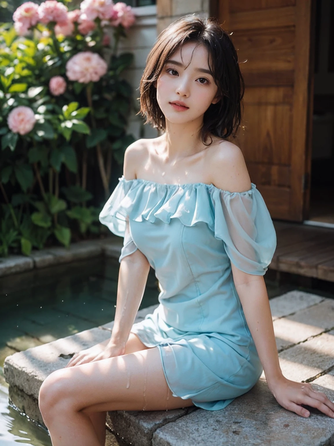 Pubic hair grows、Smile full of happiness、((Looks happy:1.3))、、Panting face、Lacking、Expression in a state of excitement、short-hair、eye glass、((:1.3))、((:1.3))、1girl in, Extremely cute face, (Hyper-realistic, hight resolution), (Best Quality:1.4), Raw photo, (Realistic, Photorealsitic:1.37), Professional Photography, Cinematic Light, (Highly detailed eyes, Highly detailed face), (Lace-off shoulder:1.2), (Beautiful breasts), (Transparent panties:1.3), Pubic hair, Upper body, Smile slightly, Sitting, Spread your legs wide, Staring at me, Harbor view, Old Port Town, ((Harbor landscape with beautiful sunset)), (View from below),