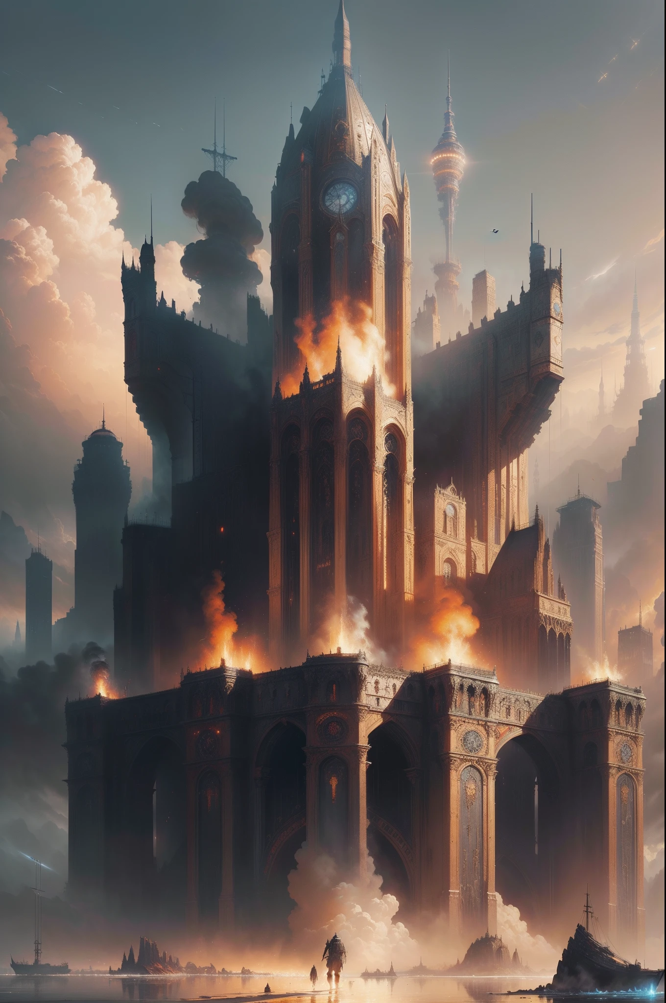 Armageddon, Epic Reality, (HDR: 1.4), Apocalypse, Firelight, War, Smoke, Ruins, Abandoned, Orange, Evening, Screen Space Refraction, (Intricate Detail), (Intricate Detail, Hyperdetail: 1.2), ArtStation, Vignette, Complex Background, Buildings, Firelight, Smoke