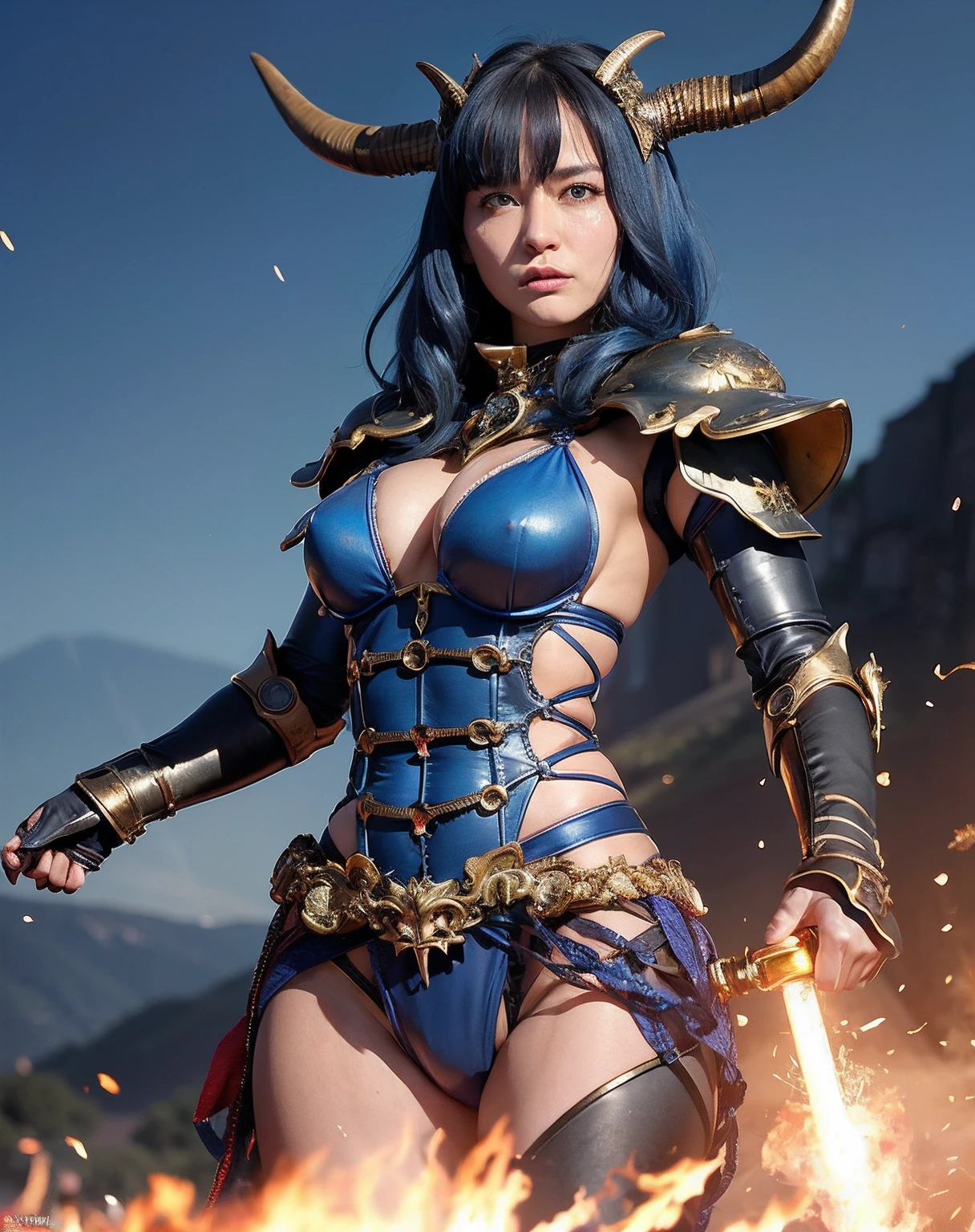 Professional , ​masterpiece、top-quality、photos realistic , depth of fields 、（Gemstone Blue Metal Body:1.２),(Matte Blue Black、（）、gold patterns、Wind-effect、Light Effects、Wind-effect、(Micro Bikini Armor)、（cleavage of the breast）、Dragon Gold Weapon（Dragon Metal Body:1.４),Gorgeous gold weapons ,（Particles of light）、 ,Fight legions of soldiers in skeleton armor ,（fierce look）、Mystical expression、-yeld beiful girl、（（ Dragon's dense and gorgeous sword）） , Ultimate Beauty   、（（Blue hair））、（Castle background）、Fight dragons、Fight with weapons、（（Gangle's forest background））、Beautiful Caucasian beauty、（１a person）、dynamic ungle,(((Details of the two demon horns on the head)))、Smaller head、A smile、Castle background、Thin and beautiful female hands、cleavage of the breast、Soldier in iron armor on background、Mystical expression、Light Effects、Wind-effect、magic circles、With the legendary magic wand、（demonic wings）、（Blue hair）、（1 persons）、Battle Look、Anatomically correct body、Toostock、Toostock、knee、Fight soldiers in skeleton armor ,