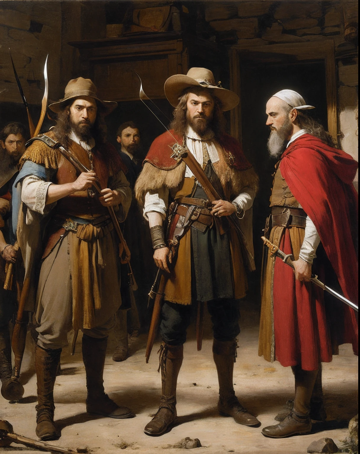 (oil painting:1), heroic scene of a band of adventurers setting off on a perilous quest, inspired by the style and techniques of Rembrandt, The painting shows the adventurers in their colorful and distinctive outfits, armed with various weapons and tools, as they gather around their leader, who holds a map and points to their destination. The leader wears a bright red cloak, a yellow hat, and a blue sash, and has a sword at his side. He is flanked by a dwarf with a battle-axe, an elf with a bow and arrow, a wizard with a staff and a book, and a rogue with a dagger and a lockpick. The painting uses diagonal lines to create a dynamic composition, overlapping figures to create a sense of depth, and dramatic lighting to create contrast and highlight the main characters. The painting also captures the motion and emotion of the scene, as the adventurers look eager, determined, anxious, or curious about their upcoming journey. The painting is a masterpiece of fantasy art that pays homage to the Dutch Golden Age of painting