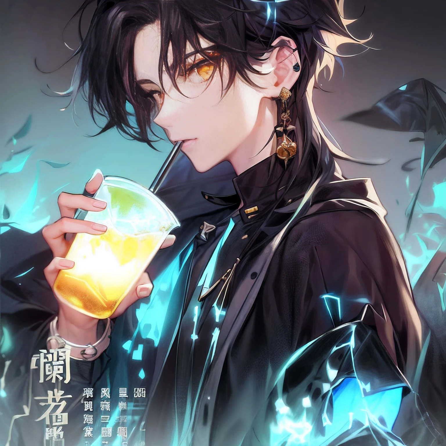 Anime - Stylistic illustration of a man holding a drink in his hand, handsome guy in demon killer art, Inspired by Bian Shoumin, by Yang J, Guviz-style artwork, By Zeng Jing, By Ni Tian, author：Zhou Fang, by Ye Xin, Guviz, Cai Xukun, Inspired by Xiao Yuncong, author：Park Hua