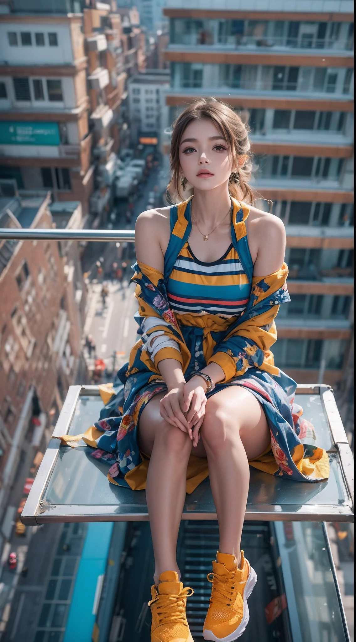 Girl in colorful dress，(Look from the bottom up:1.3)，athletic sneakers，Shallow space，Urban architectural background，Sit Pose，dynamicposes，Sitting on the balcony on the roof of the glass podium, Best quality, Masterpiece, 8K，depth of fields