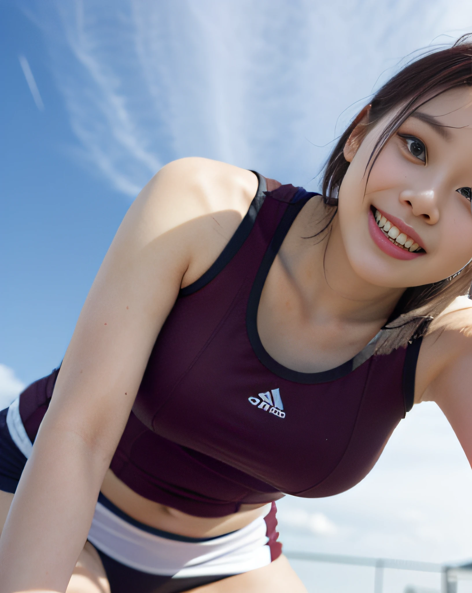 zydG, ((cowboy shot)),((from below)), 1girls, Front view, stand, looking the viewer, exposed skin, (from below),brown-eyed, (brown very short hair:1.2), (light hair), (medium breasts:1.4), smile with white teeth, (photorealestic:1.4), (Top image quality:1.0), (UltraHighResolution:1.0), 8K, Raw photography, (A masterpice:0.2), track and field uniforms, show abs, (sweat, wetty:1.1), portlate, facefocus, ful body,(pureerosface_v1:0.5), outdoor, track and field,