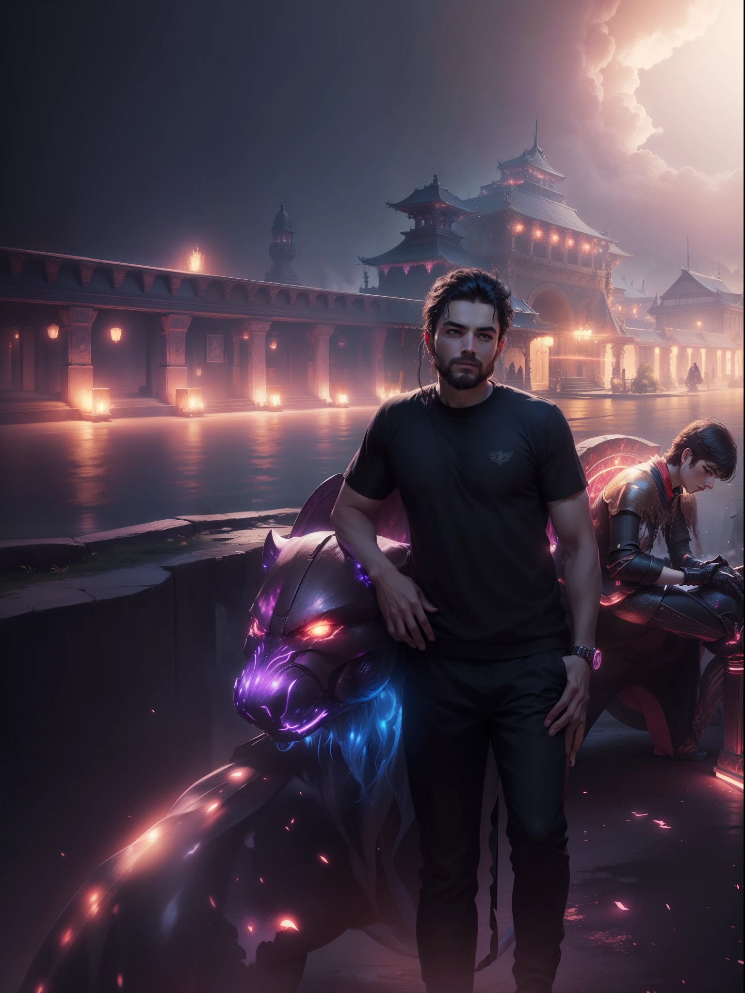 Change the background, fantasy background, 4K, Ultra realistic, clear face, dark theme, colourful lights in background,