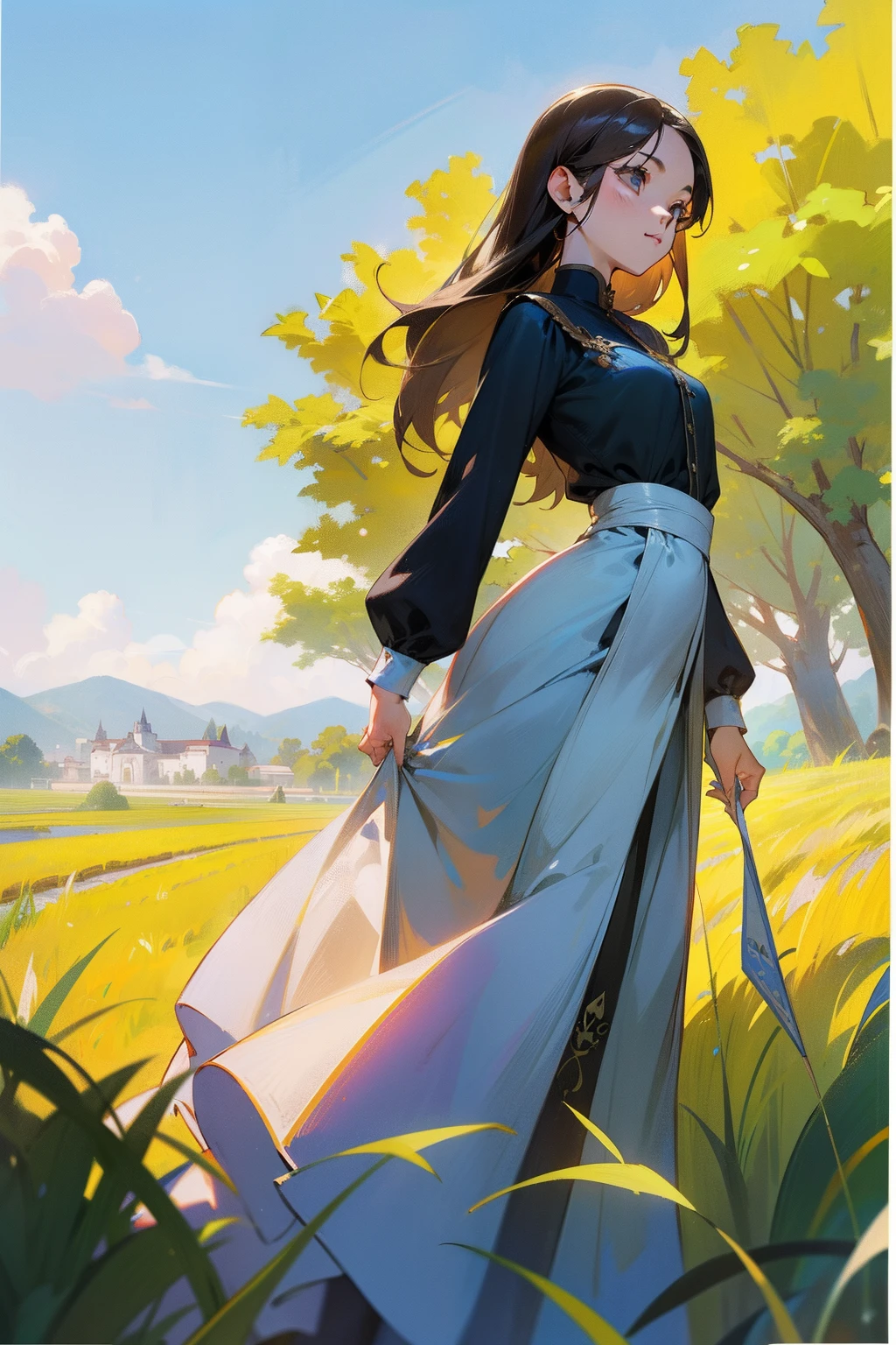 Need,The best beautiful girl,Intellectual，mature，Extremely beautiful,super-fine,Need,Need,brunette color hair，long whitr hair，Female celebrities，black long dress，Gorgeous，ssmile，A high resolution,Need,1girll,Need,looking at viewert,blue-sky，baiyun，ricefield，straw，rays of sunshine，Photorealsitic, Realist,Real,