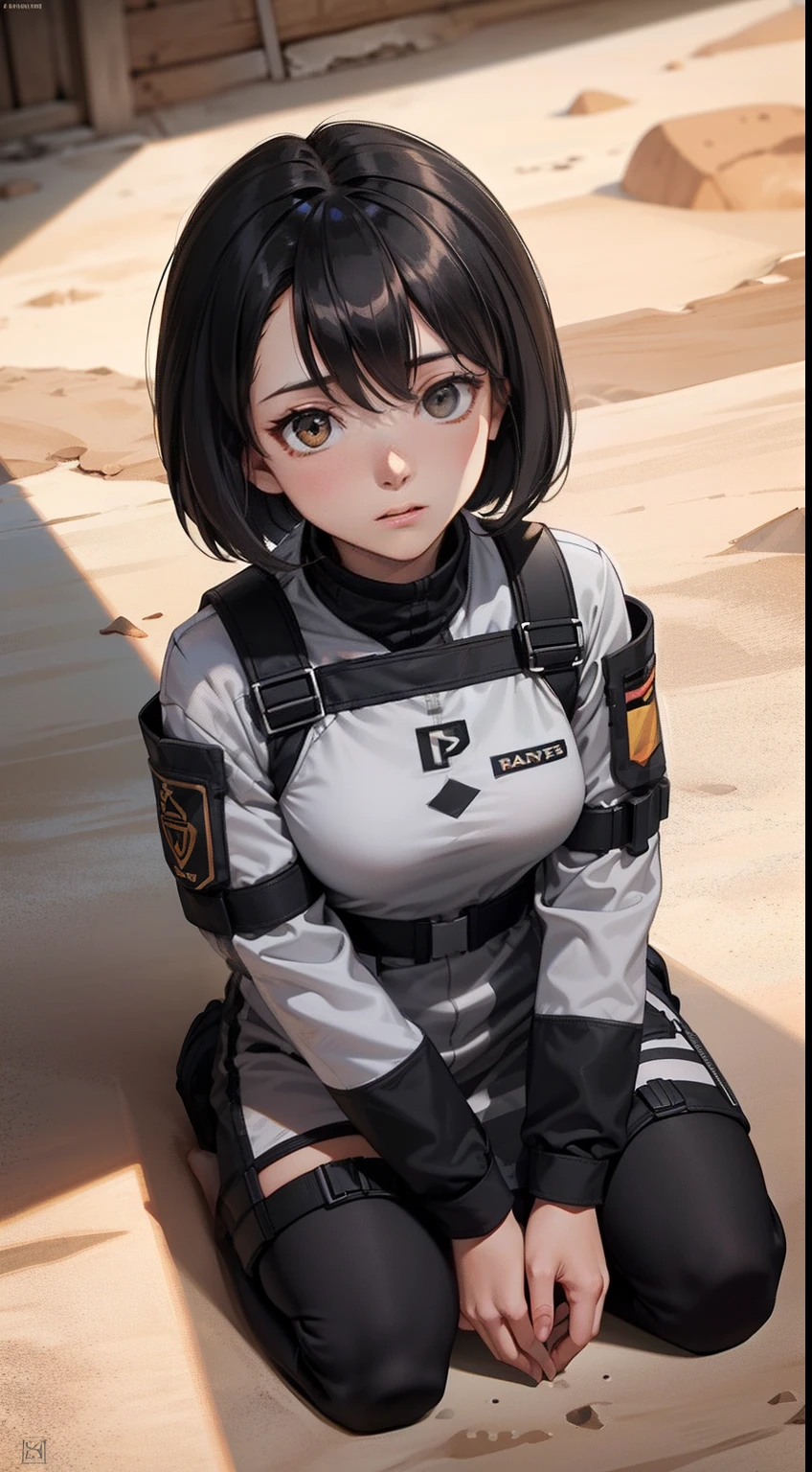 Overhead shot, (Pray for the tomboy:1.5) in a desert, Perfect female face, With gray eyes, Skinny, Space Force camouflage mesh tight T-, Blend ginger stripes, black and dark cuts, Spotted uniform, primitive, Sony Alpha A9 II, 24-105 mm f/4, hdr