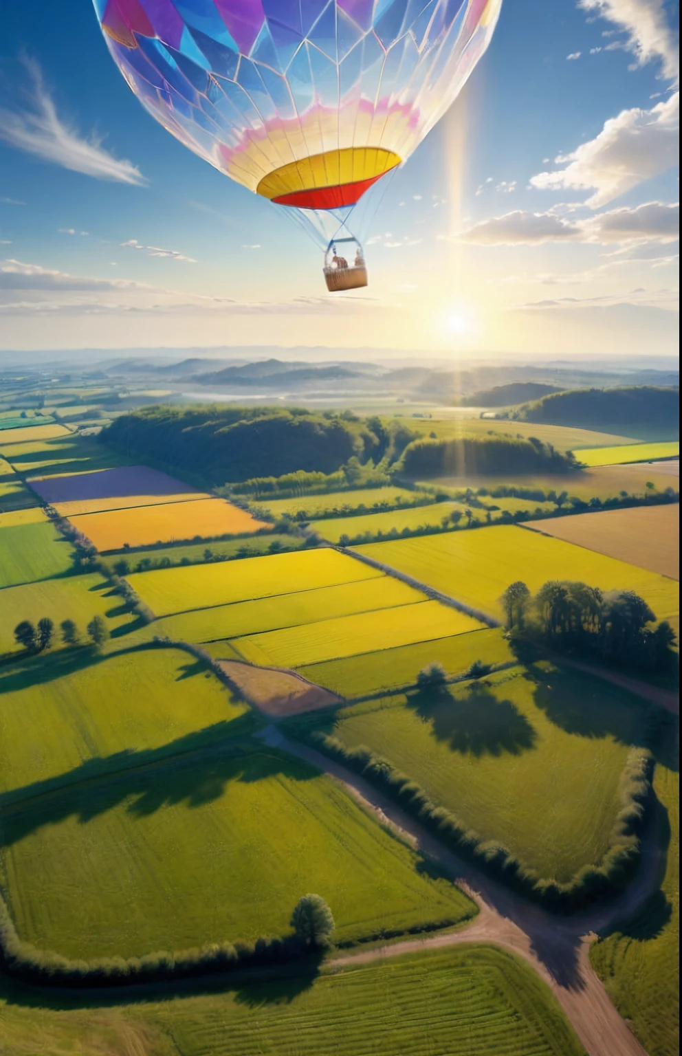 masterpiece, best quality, (realistic:1.3), beautiful girl flies over the countryside landscape on the balloon, sunshine, god ray, fractal art, crystallineAI, naked