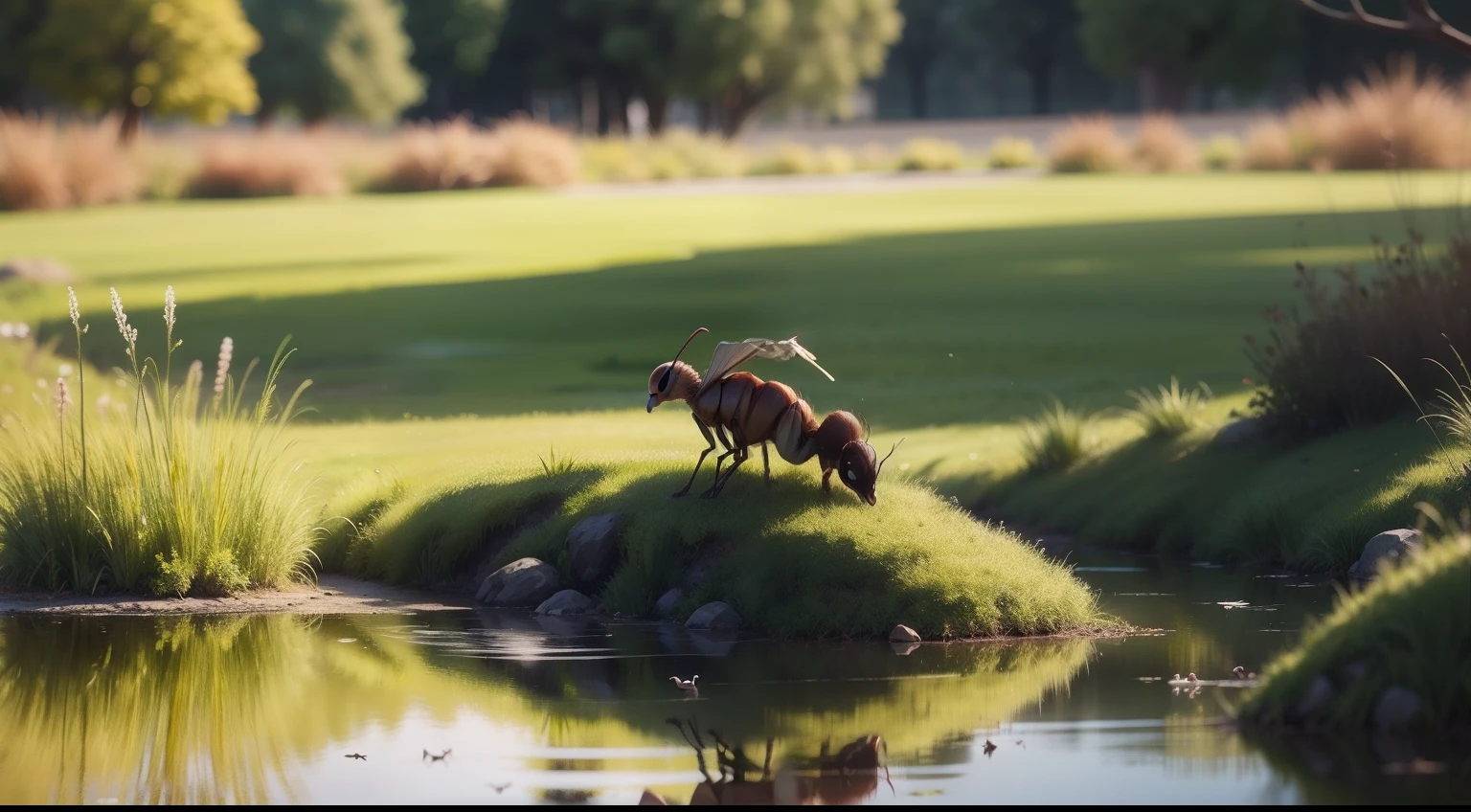 /imagine-an ant,near a pond , grassy pond,a Dove near of the pond,