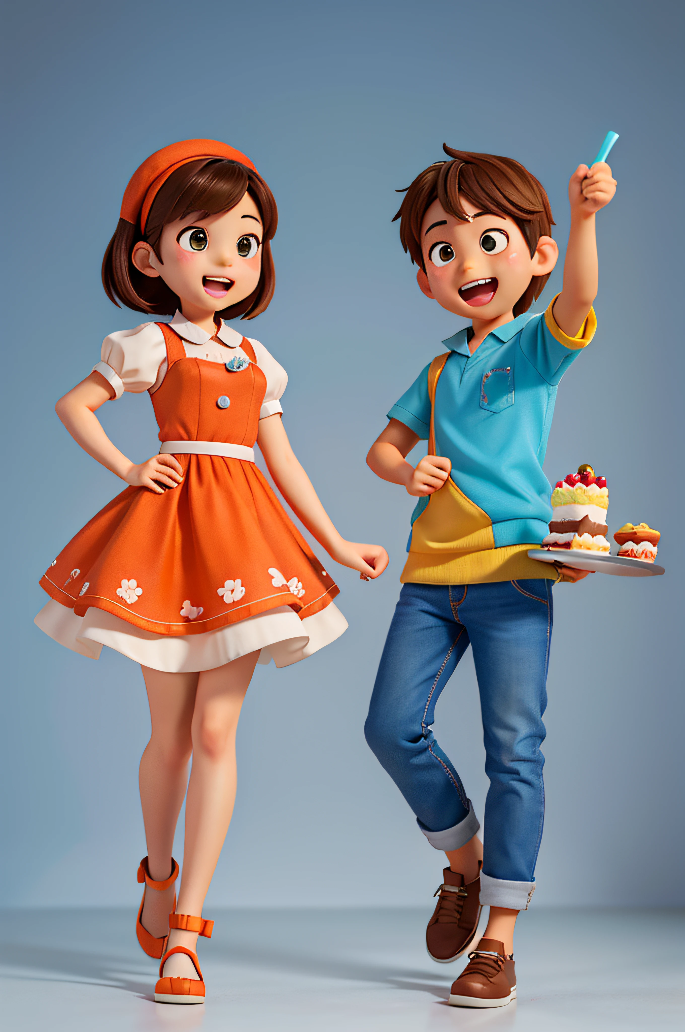 Young men and women,Milk tea taken by the girl，Cake bread served by boy，Laugh happily，Double，Milk tea for girls，Sparkle， blue and orange, Different poses and expressions, ,Bakery brand,Cake dessert,Fresh and bright,breads,Cupcakes, very stylized character design,Cartoon mascot ,game character concept art, high quality character design, full character concept art, full character design, detailed full body concept art, 児童書, ، simple, concept art style, 8k character concept art, 8 k character concept art