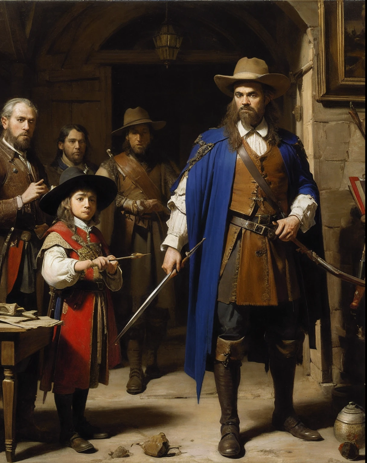 (oil painting:1), heroic scene of a band of adventurers setting off on a perilous quest, inspired by the style and techniques of Rembrandt, The painting shows the adventurers in their colorful and distinctive outfits, armed with various weapons and tools, as they gather around their leader, who holds a map and points to their destination. The leader wears a bright red cloak, a yellow hat, and a blue sash, and has a sword at his side. He is flanked by a dwarf with a battle-axe, an elf with a bow and arrow, a wizard with a staff and a book, and a rogue with a dagger and a lockpick. The painting uses diagonal lines to create a dynamic composition, overlapping figures to create a sense of depth, and dramatic lighting to create contrast and highlight the main characters. The painting also captures the motion and emotion of the scene, as the adventurers look eager, determined, anxious, or curious about their upcoming journey. The painting is a masterpiece of fantasy art that pays homage to the Dutch Golden Age of painting