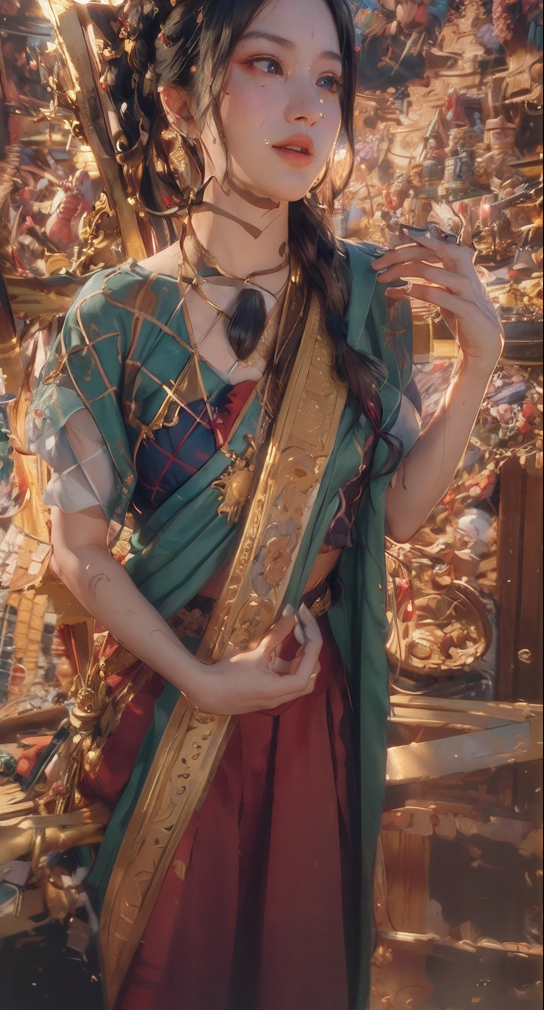 (RAW photo, best quality), (realistic, photo-realistic:1.3),best quality,highly detailed,masterpiece,ultra-detailed,illustration,1girl,upper_body,dynamic angle,world masterpiece theater,messy_long_hair,best quality,extremely detailed CG unity 8k wallpaper,ink,Amazing,cinematic lighting,lens_flare,,dunhuang_style