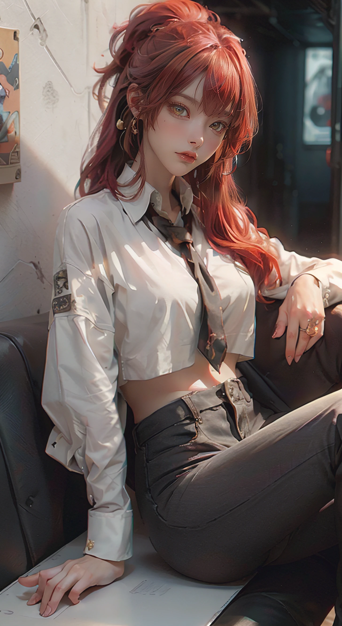 ((Best quality)), ((masterpiece)), (detailed:1.4), 3D, an image of a beautiful cyberpunk female,(red hair,bangs, long hair:1.2),(golden eyes:1.2)(White shirt, long Sleeve, rolled up:1.2), (black long pants, silk pants:1.2), (plain black tie:1.2), HDR (High Dynamic Range), Ray Tracing, NVIDIA RTX, Super-Resolution, Unreal 5, Subsurface scattering, PBR Texturing, Post-processing, Anisotropic Filtering, Depth-of-field, Maximum clarity and sharpness, Multi-layered textures, Albedo and Specular maps, Surface shading, Accurate simulation of light-material interaction, Perfect proportions, Octane Render, Two-tone lighting, Wide aperture, Low ISO, White balance, Rule of thirds, 8K RAW, against wall, looking at viewer,
