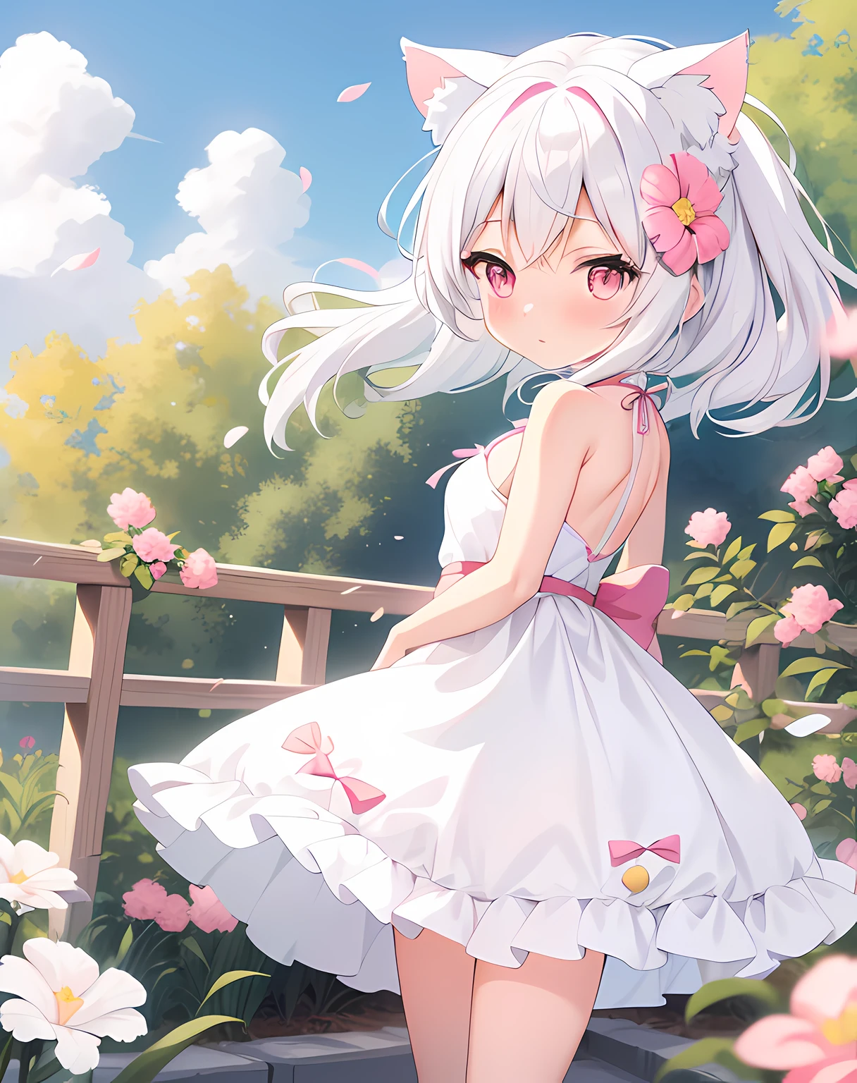 Anime girl in white dress,There are pink flowers on the hair, loli in dress, White Cat Girl, cute anime waifu in a nice dress, cute anime catgirl, beautiful anime catgirl, Very beautiful anime cat girl, anime girl with cat ears, Soft anime illustration, Cute anime girl, small curvaceous loli, style of anime4 K, pretty anime girl