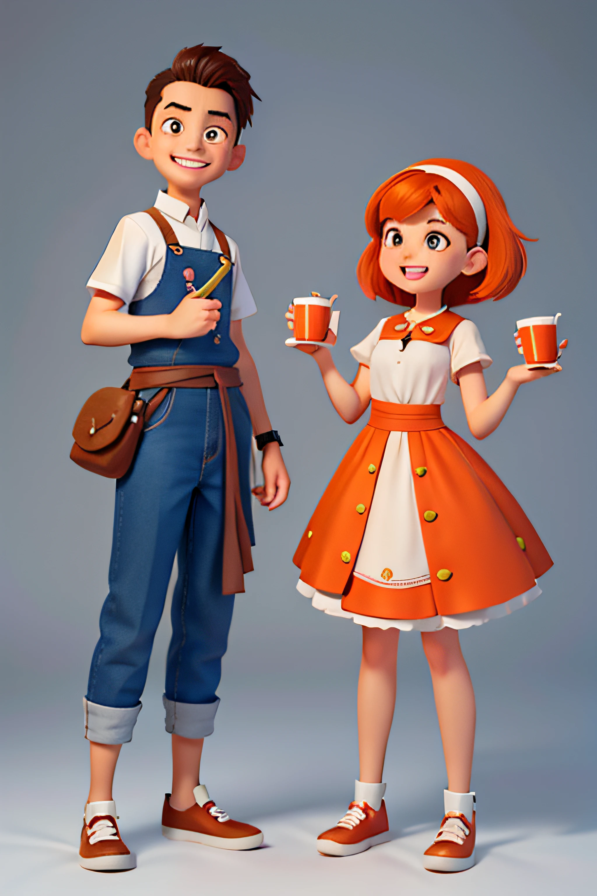 Young men and women,Milk tea for girls，Cake bread provided by boy，Laugh happily，Double，Milk tea for girls，Sparkle， blue and orange, Different poses and expressions, very stylized character design,Cartoon mascot ,game character concept art, high quality character design, full character concept art, full character design, detailed full body concept art, 児童書, ، simple, concept art style, 8k character concept art, 8 k character concept art