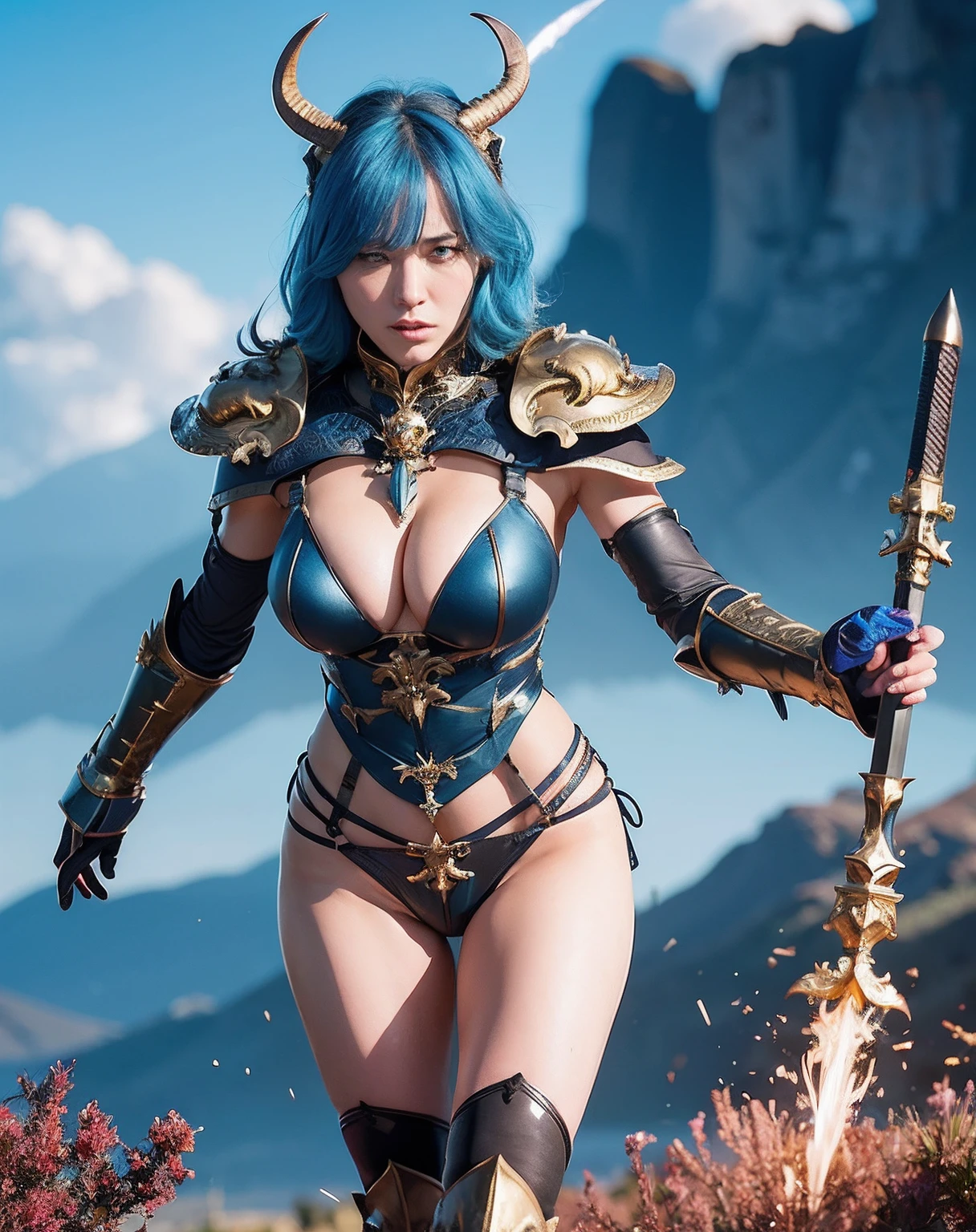 Professional , masterpiece、top-quality、photos realistic , depth of fields 、(Gemstone Blue Metal Body:1.2),(Matte Blue Black、()、gold patterns、Wind-effect、Light Effects、Wind-effect、(Micro Bikini Armor)、(cleavage of the breast)、Dragon Gold Weapon(Dragon Metal Body:1.4),Gorgeous gold weapons ,(Particles of light)、 ,Fight legions of soldiers in skeleton armor ,(fierce look)、Mystical expression、16-year-old beautiful girl、(( Dragon's dense and gorgeous sword)) , Ultimate Beauty 、((Blue hair))、(Castle background)、Fight dragons、Fight with weapons、((Gangle's forest background))、Beautiful Caucasian beauty、(1a person)、dynamic ungle,(((Details of the two demon horns on the head)))、Smaller head、A smile、Castle background、Thin and beautiful female hands、cleavage of the breast、Soldier in iron armor on background、Mystical expression、Light Effects、Wind-effect、magic circles、With the legendary magic wand、(demonic wings)、(Blue hair)、(1 persons)、Battle Look、Anatomically correct body、Toostock、Toostock、knee、Fight soldiers with skeleton armor ,
