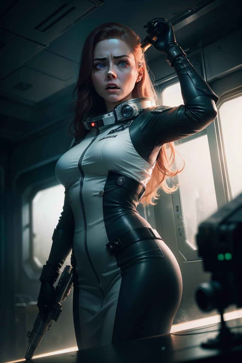 Hot terrified Amy Adams as a Scientist holding a sci fi blaster on Ishimura Horror Space Ship photography, natural light, photorealism, cinematic rendering, ray tracing, the highest quality, the highest detail, Cinematic, Third-Person View, Blur Effect, Long Exposure, 8K, Ultra-HD, Natural Lighting, Moody Lighting, Cinematic Lighting