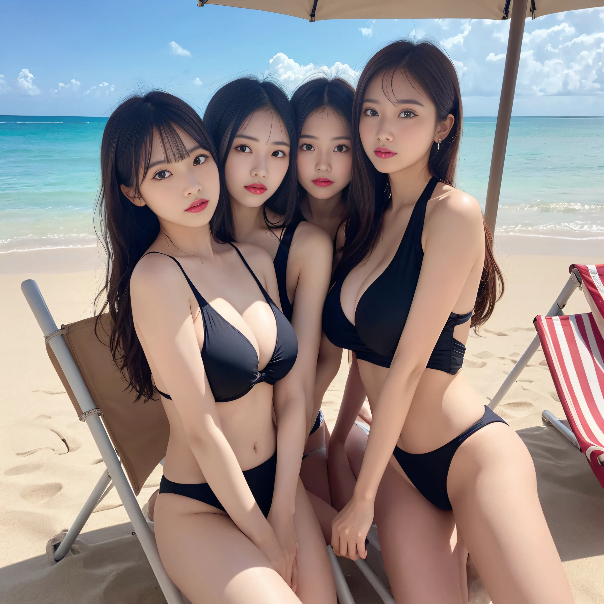 Multiple girls、masutepiece, Best Quality, Illustration, Ultra-detailed, finely detail, hight resolution, 8K Wallpaper, Perfect dynamic composition,Beautiful detailed face, Beautiful detailed eyes, She is a swimsuit model, Natural lip color, Big breasts, Natural hair , Full body, Background: Sea Resort, emphasize boobs,beach chair、