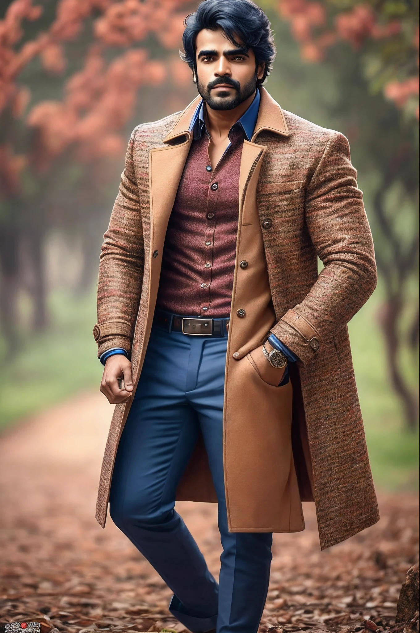 Bollywood actor Ram Charan look alike, standing pose, wearing coat pant, 4k, ultra realistic, high resolution photography --auto --s2