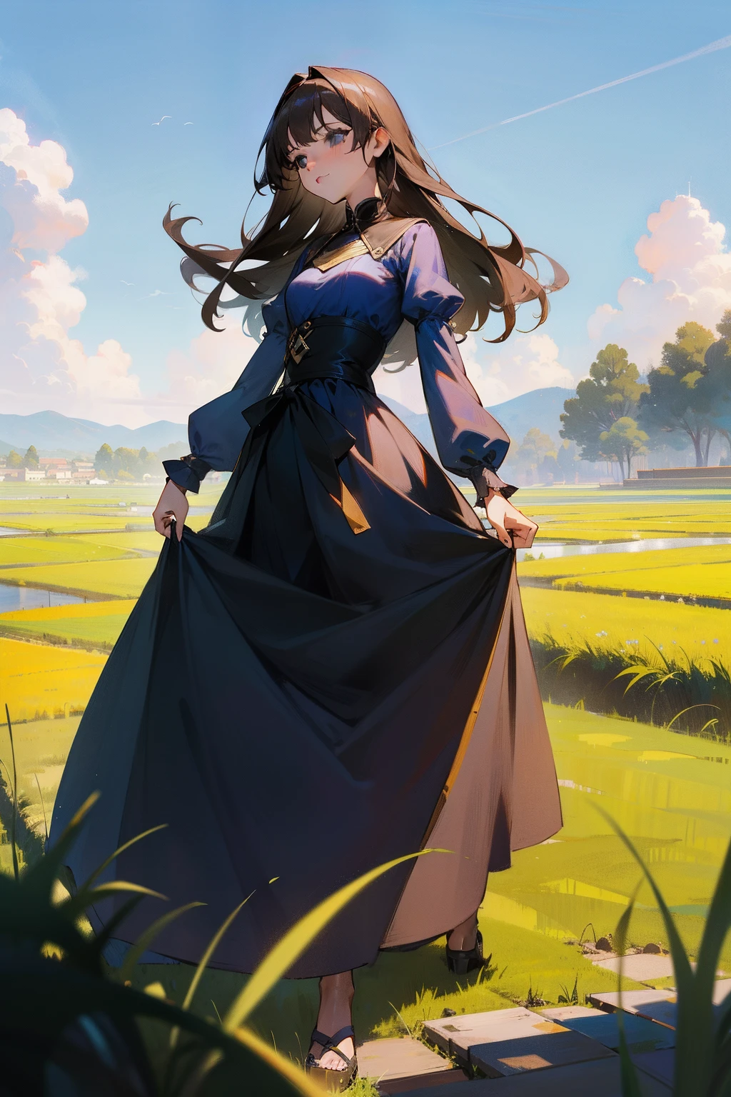 Need,The best beautiful girl,Intellectual,mature,Extremely beautiful,super-fine,Need,Need,brunette color hair,long whitr hair,Female celebrities,black long dress,Gorgeous,ssmile,looking at viewert,A high resolution,Need,1girll,Need,blue-sky,baiyun,ricefield,straw,rays of sunshine,Photorealsitic, Realist,Real,