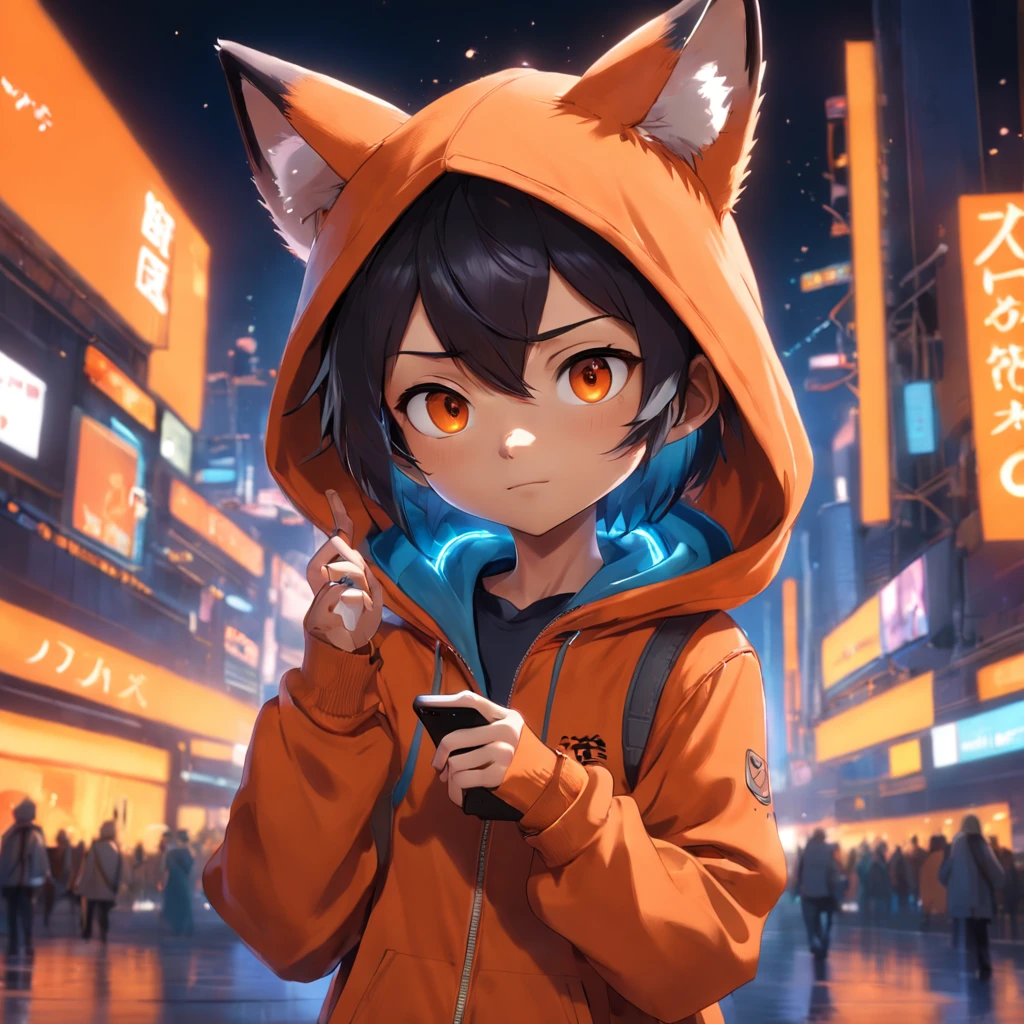 Cute fox in Pixar movie style, Wearing a hood, Cinematic lighting, Depth sensing, ultra - detailed, 8K quality. One hand crossed over a hundred，Male upper body, Best quality, Humanoid), Look at the audience wearing orange hoodies and sunglasses, Holding a phone with headphones with neon lights, Fox, Avatar image, Futuristic with costumes, CGSetnation ),Like , professional art, cgsociety - w 1 0 2 4 - n 8 - i,The name is Naoto Kan, Naoto Kan