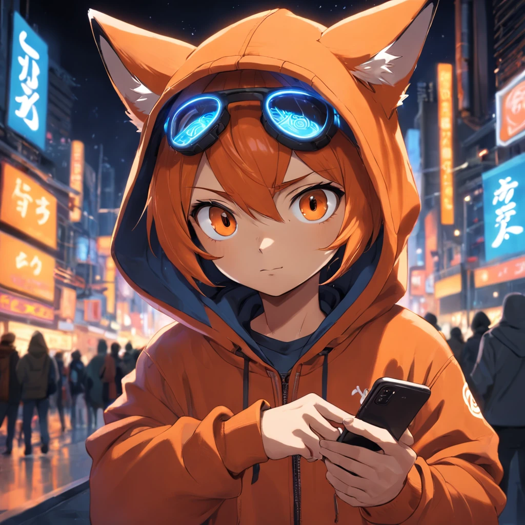 Cute fox in Pixar movie style, Wearing a hood, Cinematic lighting, Depth sensing, ultra - detailed, 8K quality. One hand crossed over a hundred，Male upper body, Best quality, Humanoid), Look at the audience wearing orange hoodies and sunglasses, Holding a phone with headphones with neon lights, Fox, Avatar image, Futuristic with costumes, CGSetnation ),Like , professional art, cgsociety - w 1 0 2 4 - n 8 - i,The name is Naoto Kan, Naoto Kan