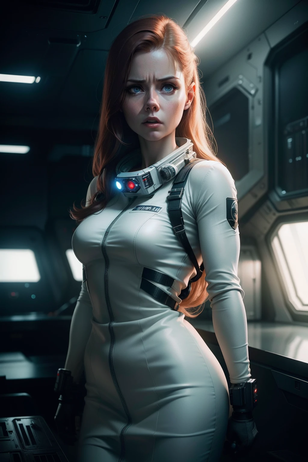 photo of a ginger woman, in space, futuristic space suit, (freckles:0.8) cute face, sci-fi, dystopian, detailed eyes, blue eyes, gigantic breasts. Thick lips, bimbo