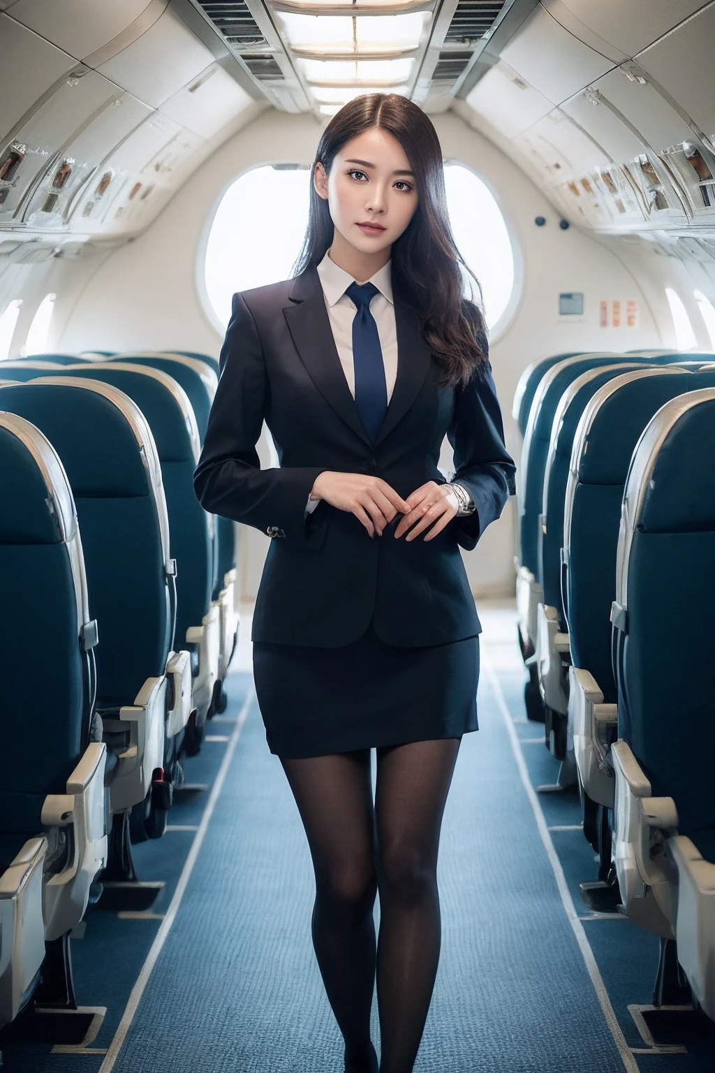 best quality, masterpiece, 8k, ultra high res, (photorealistic:1.4), highly detailed, intricate detail, delicate and beautiful, good lighting, professional lighting, sharp focus, detailed shadows, exquisite details and textures, depth of field, unity 8k wallpaper, cinematic composition, cinematic lighting, official art, Cabin Crew, flight attendant, black pantyhose, (aircraft, (Aircraft Corridor), Aircraft seats) beautiful elegant face, detailed face, detailed eyes, realistic hair, long hair, (1girl), (standing:1.3),